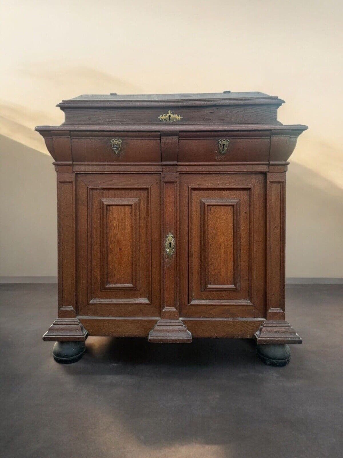 Antique Dutch Renaissance Oak Cushion Cabinet Bureau Cupboard photo for sale