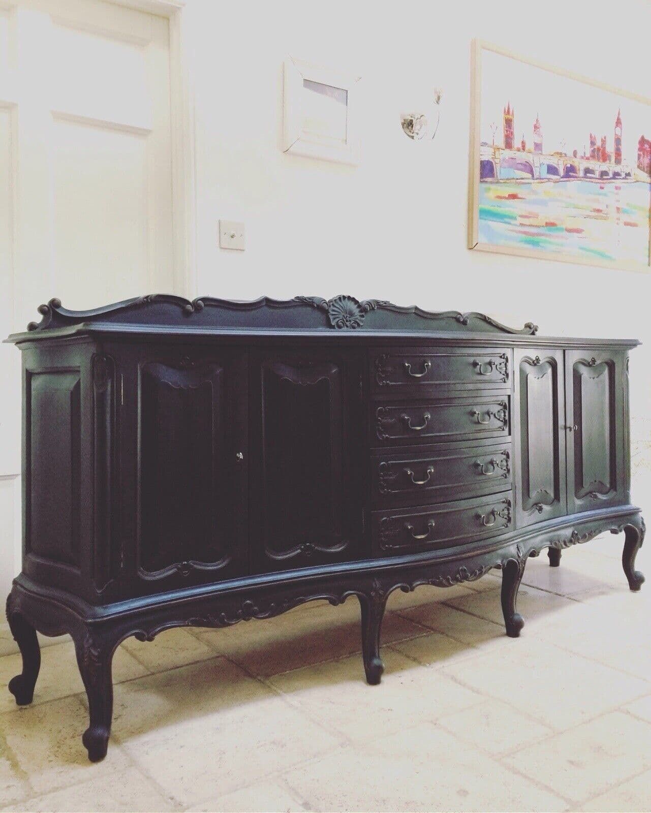 photo vintage Antique French Carved Buffet Cupboard Sideboard   Price Includes Painting.
