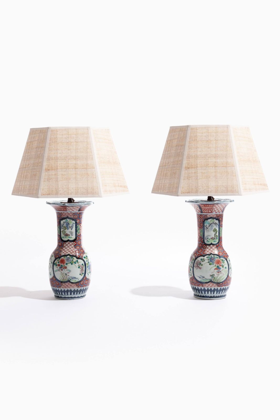 Pair Of Antique Japanese Arita Imari Porcelain Vase Lamps
