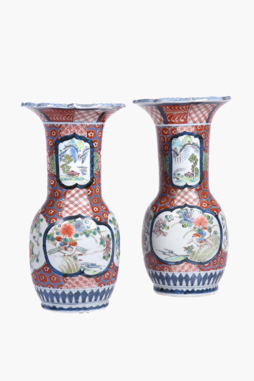 photo for sale Pair Of Antique Japanese Arita Imari Porcelain Vase Lamps