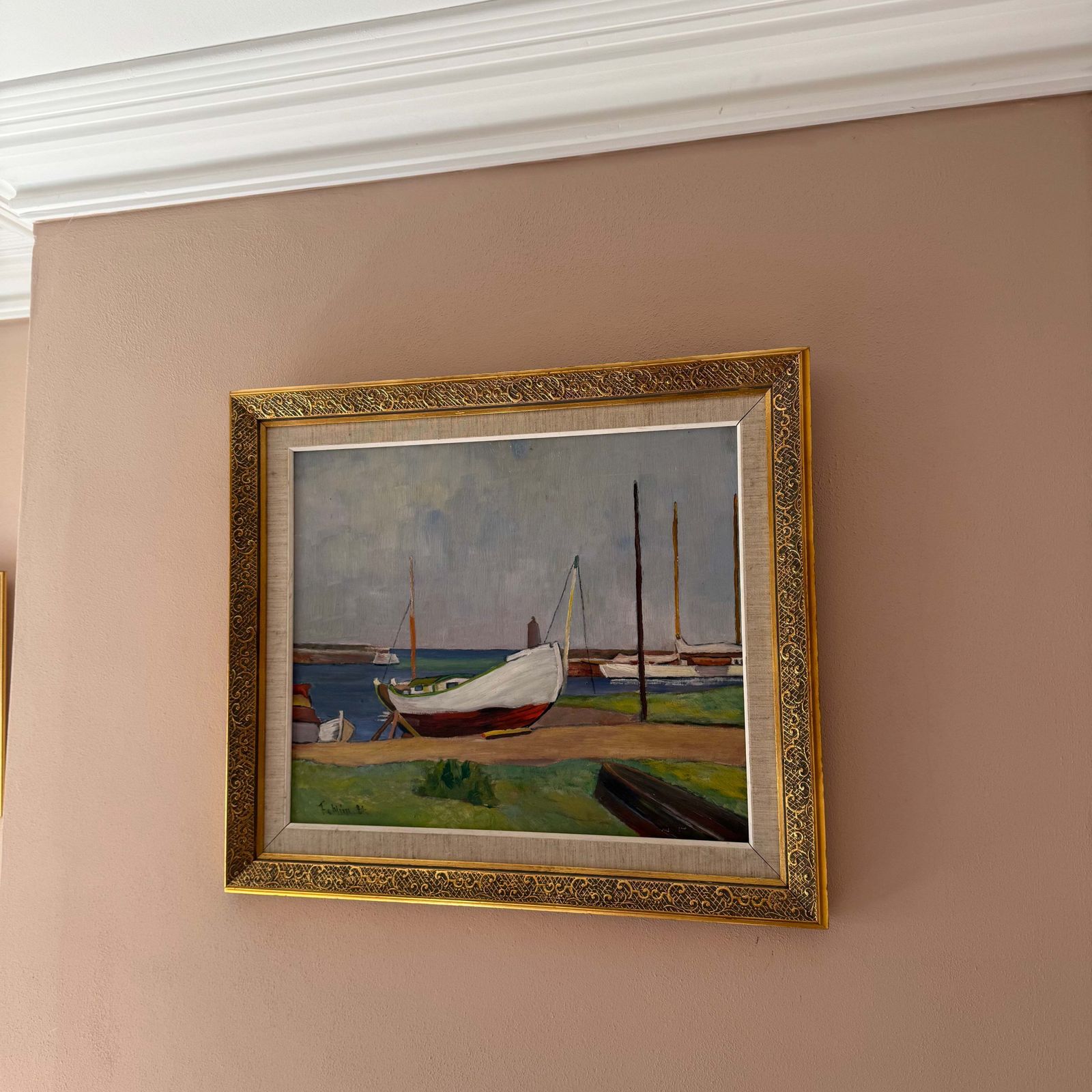 photo for sale Harbour Oil On Panel Of Boats, 1980s