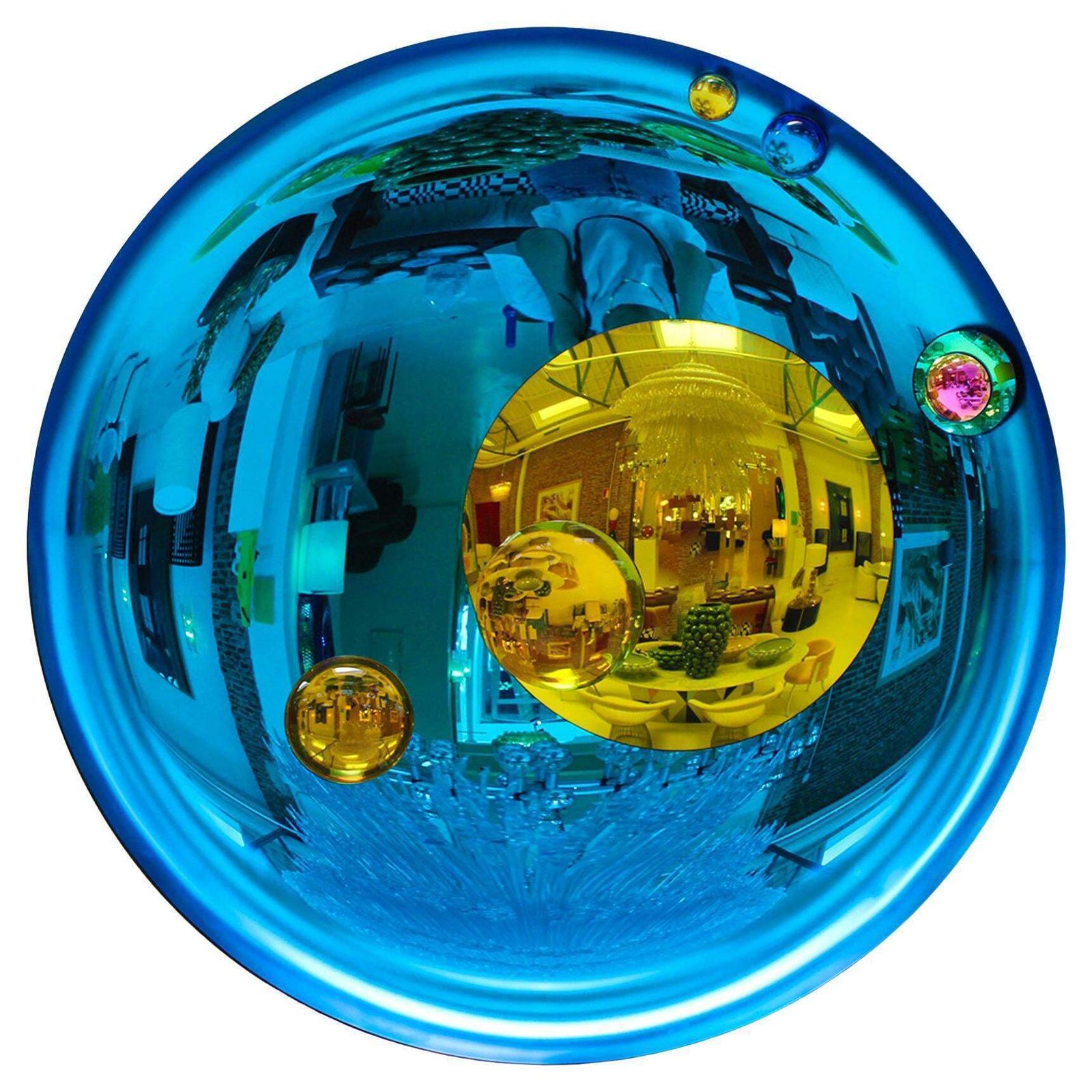 Modern Sculptural Concave French Mirror   Handmade Wall Art In Blue Glass