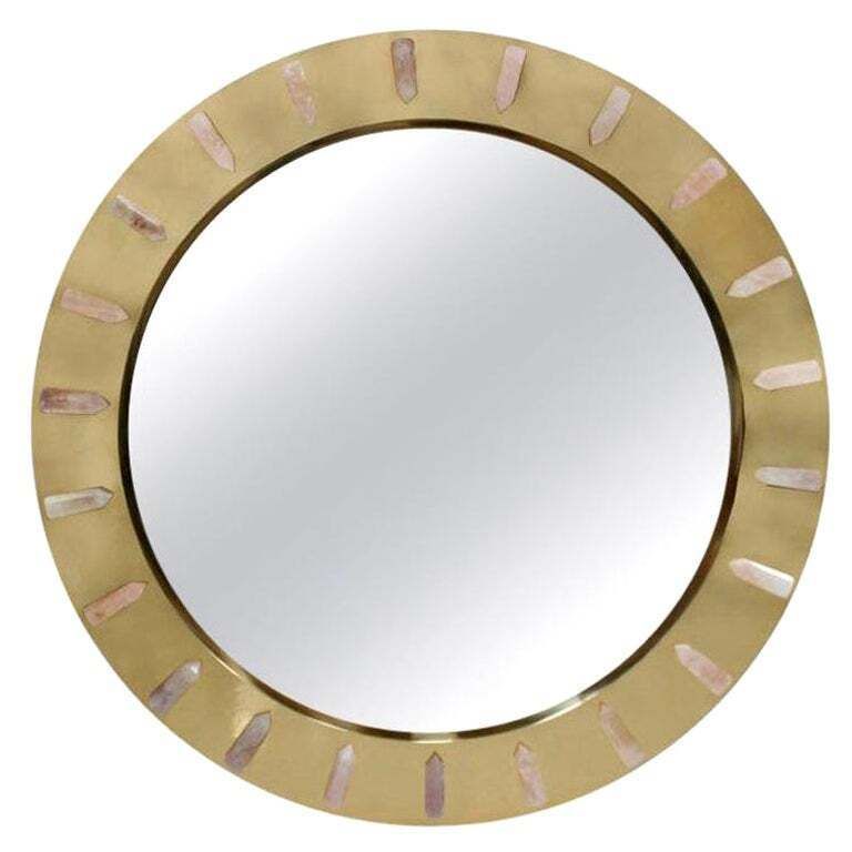 Midcentury Style Made Of Brass And Pink Quartz Circular Italian Mirror