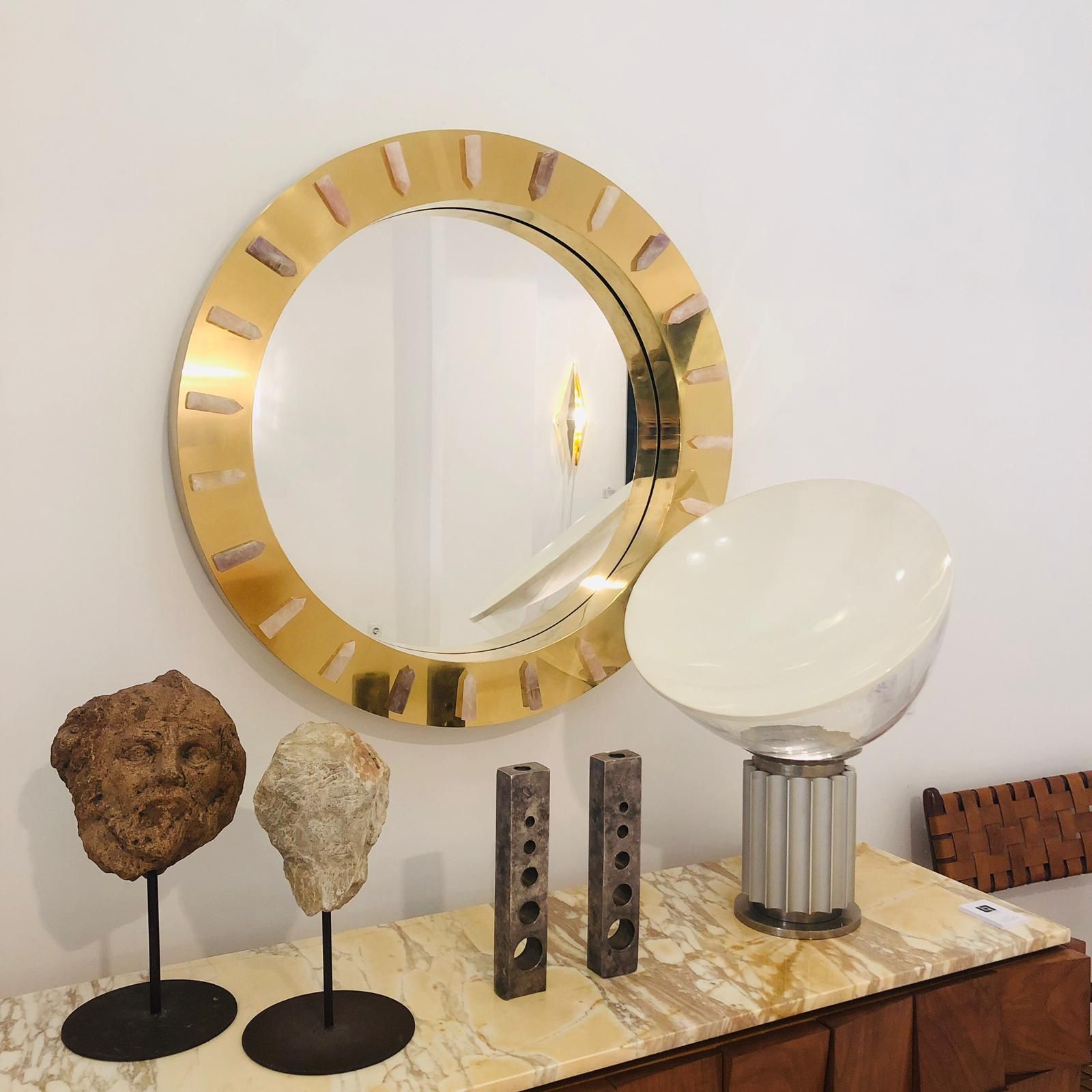 Midcentury Style Made Of Brass And Pink Quartz Circular Italian Mirror photo buy