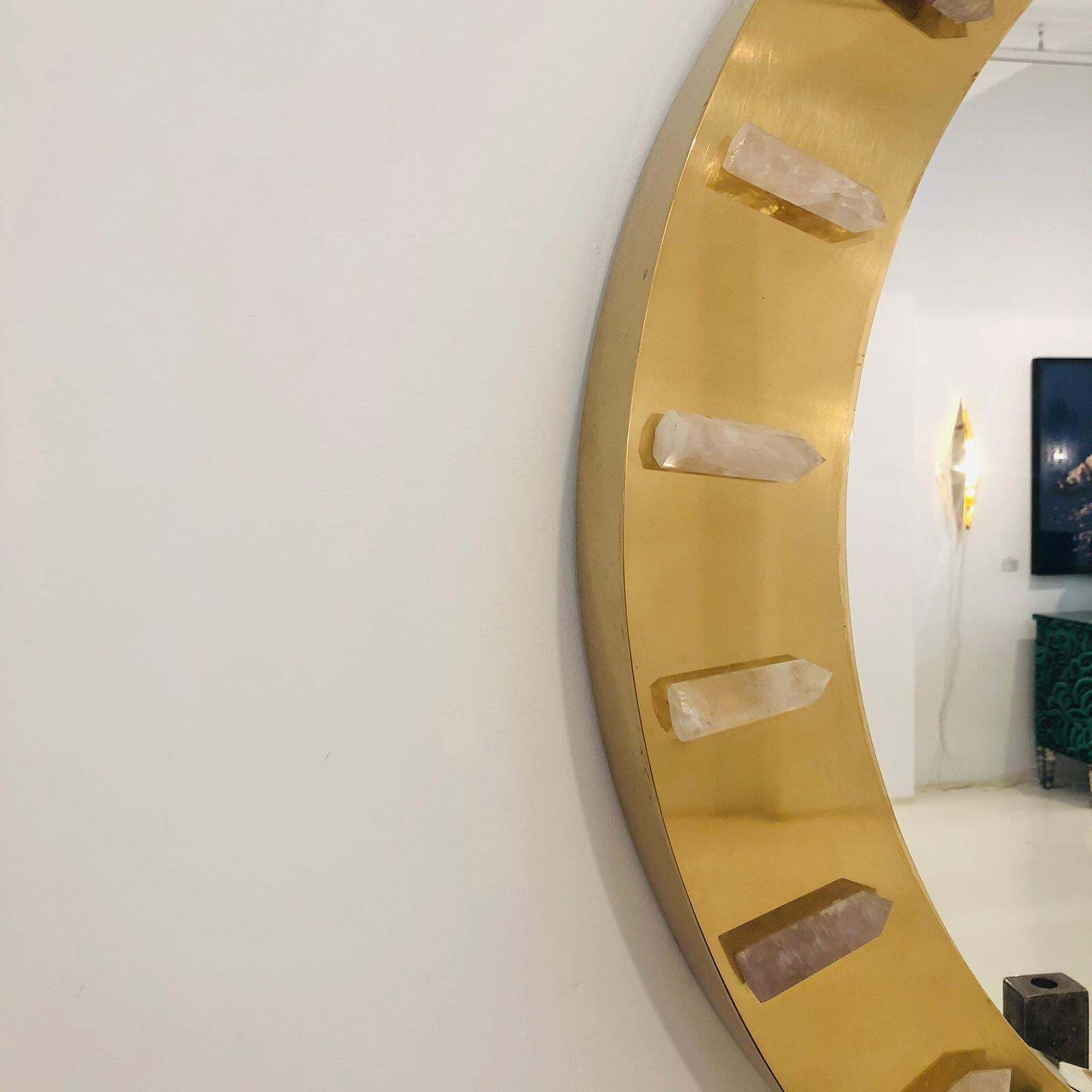 Midcentury Style Made Of Brass And Pink Quartz Circular Italian Mirror photo vintage