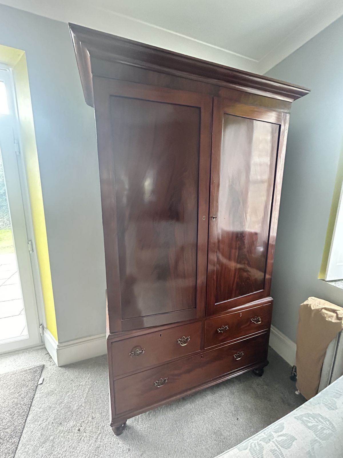 1000.0 Georgian 1800s Figured Mahogany Linen Press Wardrobe photo