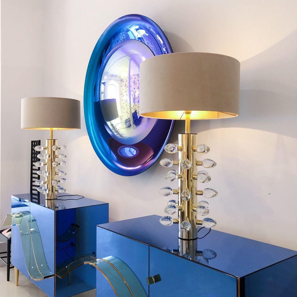 photo for sale Modern Sculptural Concave Yellow And Blue Handmade Glass French Mirror
