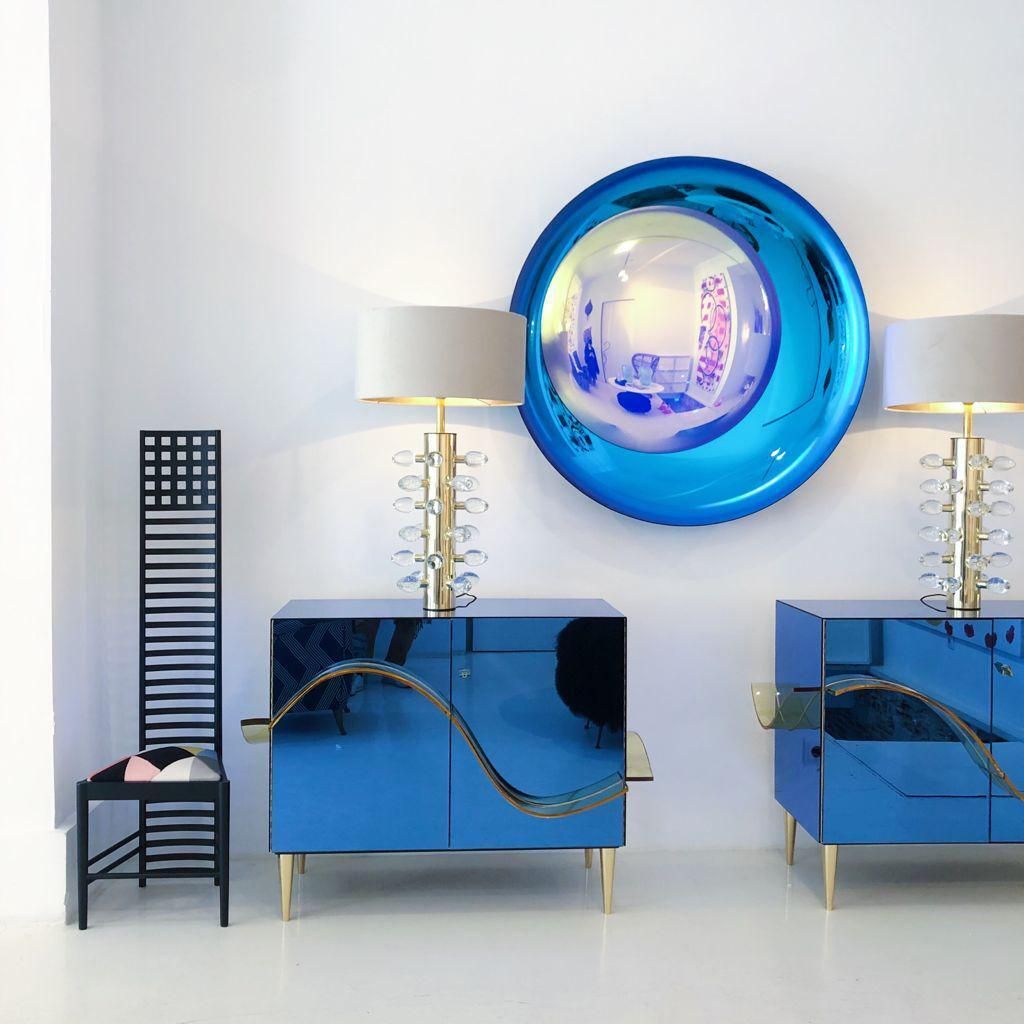 Art Modern Sculptural Concave Yellow And Blue Handmade Glass French Mirror photo