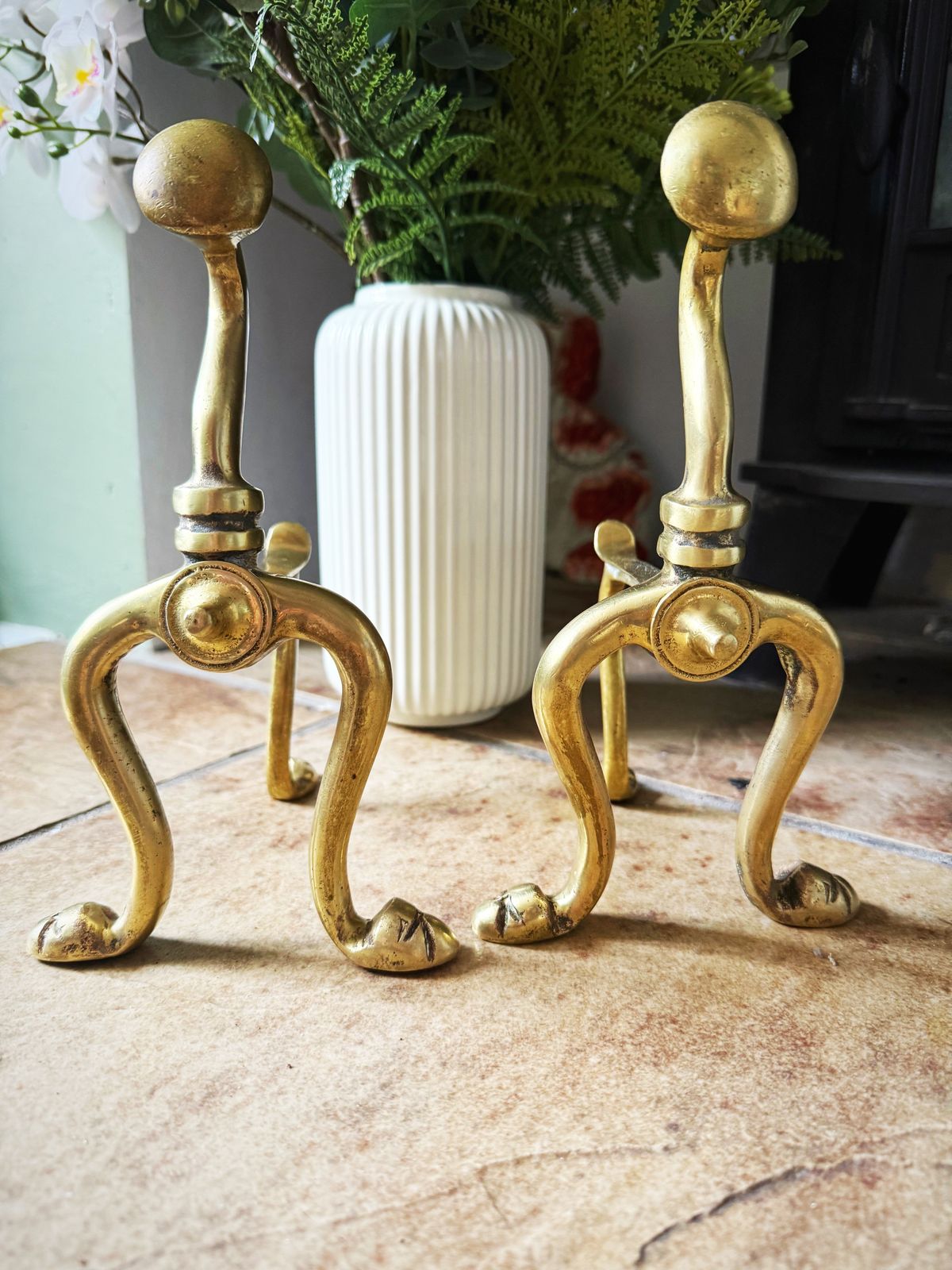 Pair Of Victorian French Brass Fire Dogs Or Andirons photo Home Fixtures