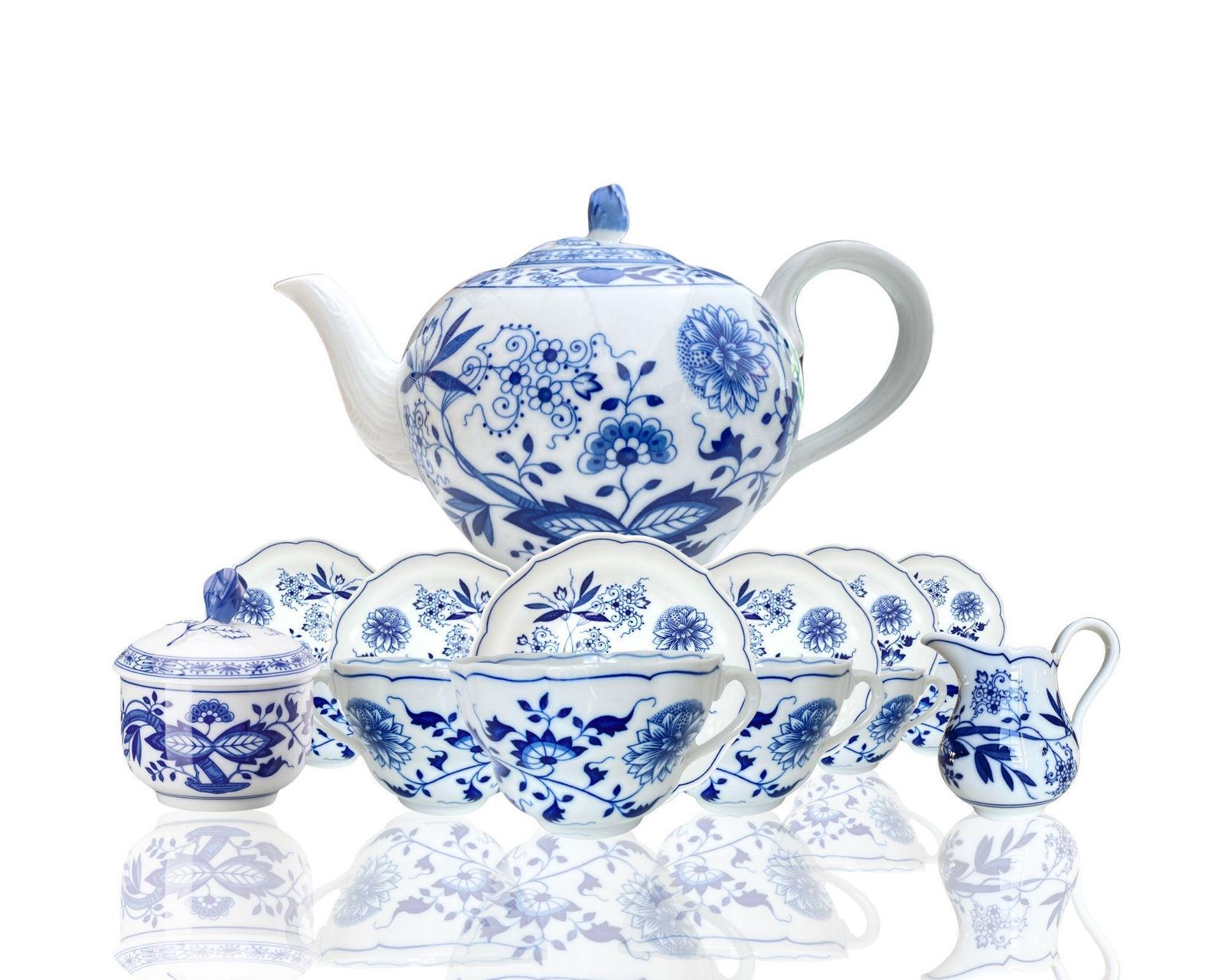 Blauw Uien Theeservies | 15 Delig | Blauw Wit Porselein | Hutschenreuther