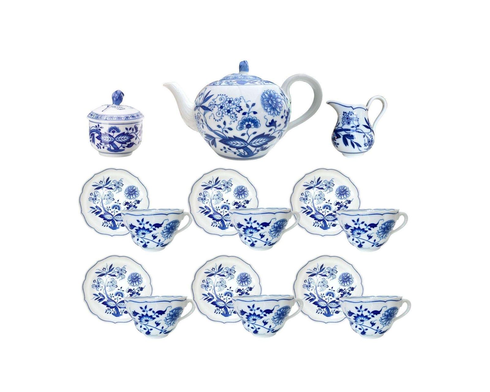 Blauw Uien Theeservies | 15 Delig | Blauw Wit Porselein | Hutschenreuther photo for sale