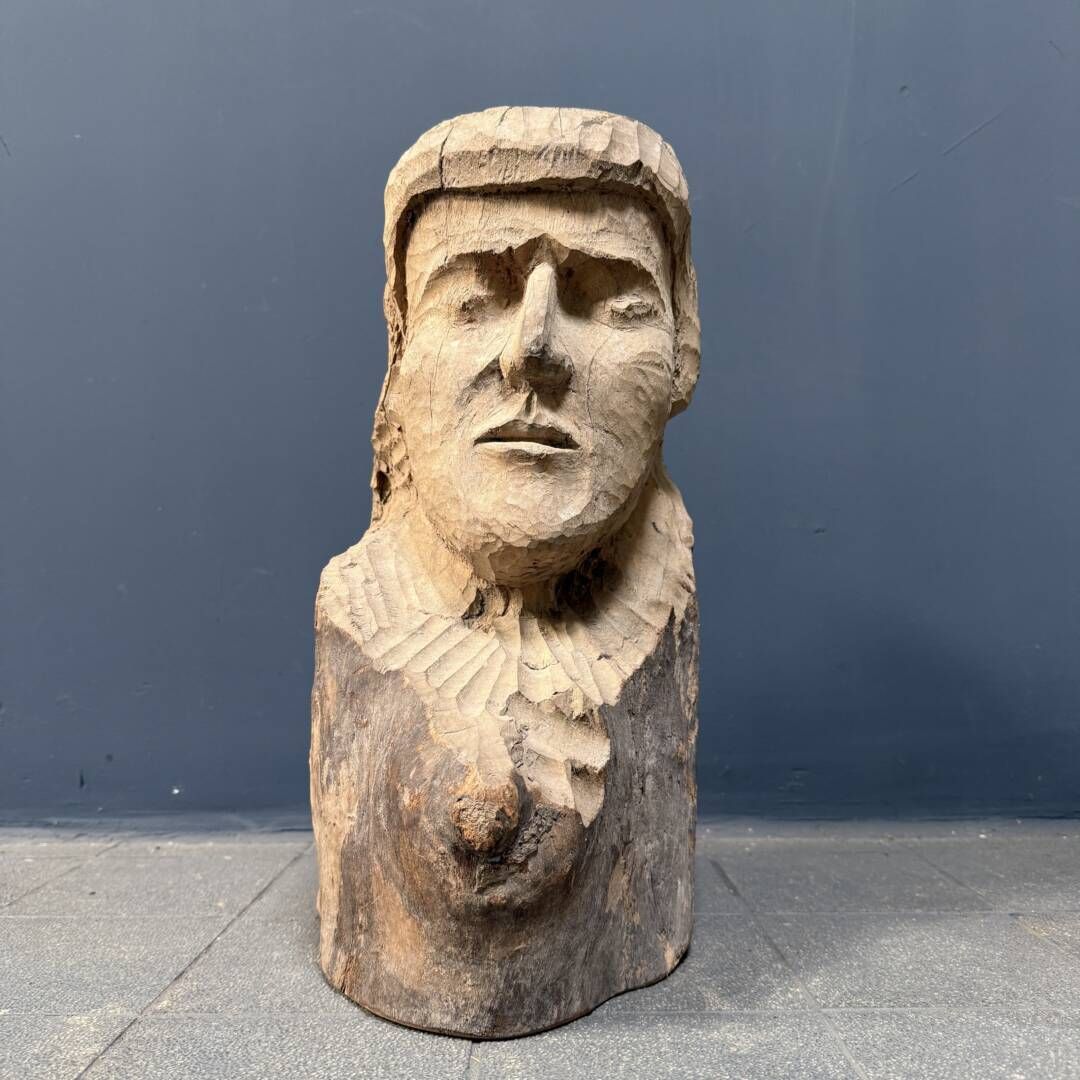 Large Size Head Or Face Carved From Wooden Trunk photo for sale
