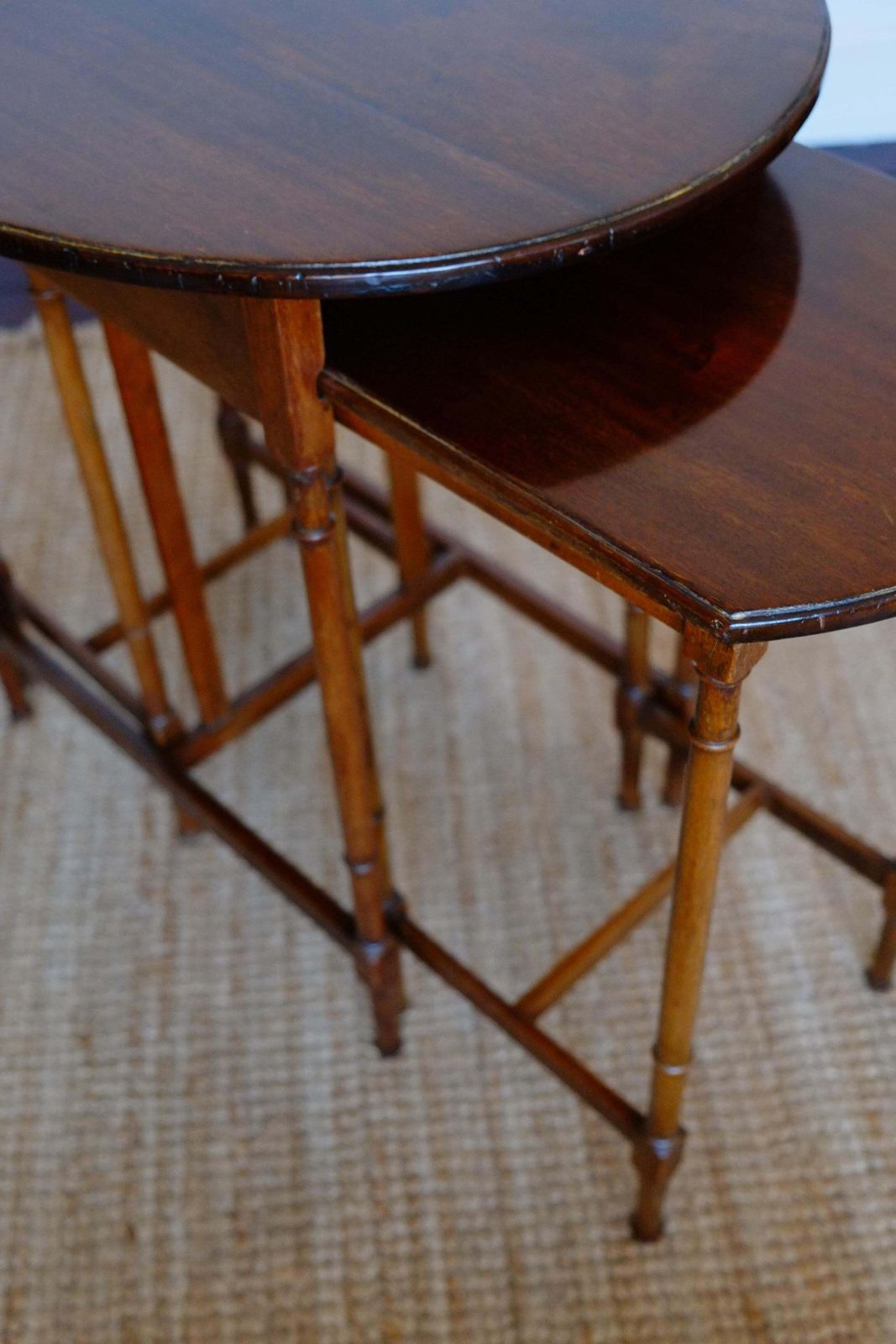 photo for sale A Tall Set Of 3 Antique Mahogany Oval Nesting Tables. England C.1900