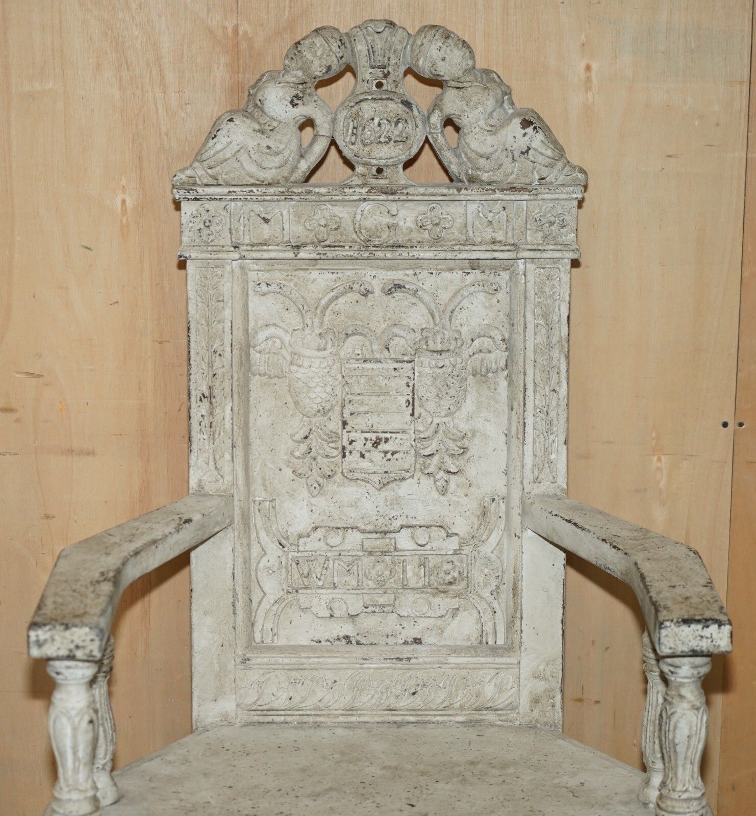 Antique 1622 Dated Ornately Hand Carved English Oak Painted Throne Armchair photo Furniture