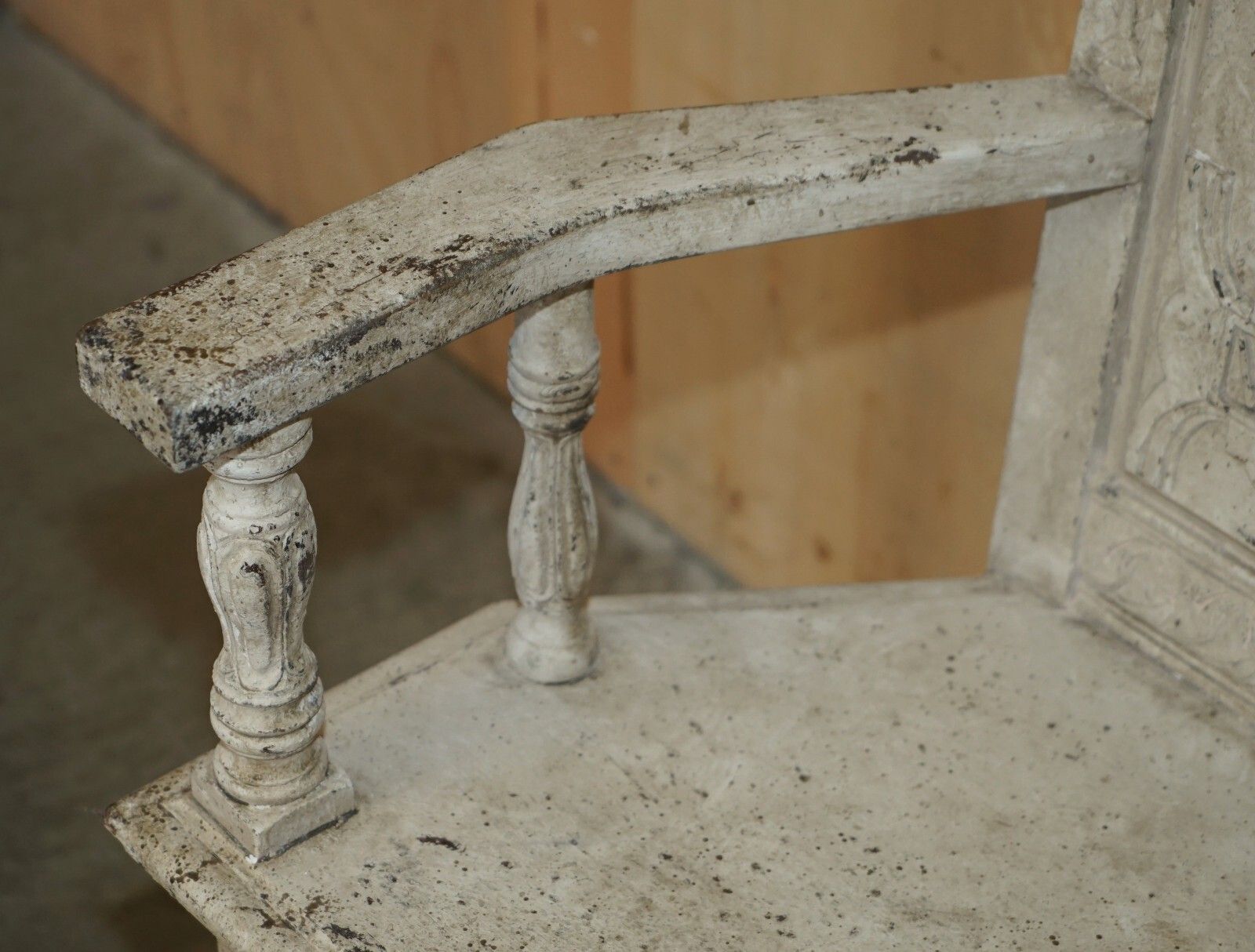 photo buy Antique 1622 Dated Ornately Hand Carved English Oak Painted Throne Armchair