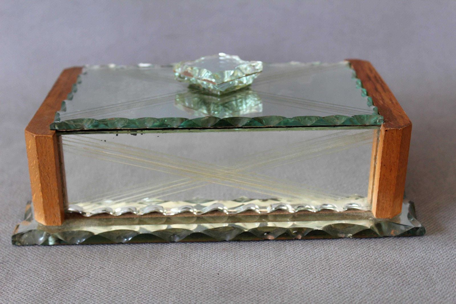 Vintage French Mirror Box, Beveled Mirror, Cut Mirror, Wood Base, Lined Inside, Trinket Box, Art Deco Style, Jewelery Box, Vanity Box photo for sale