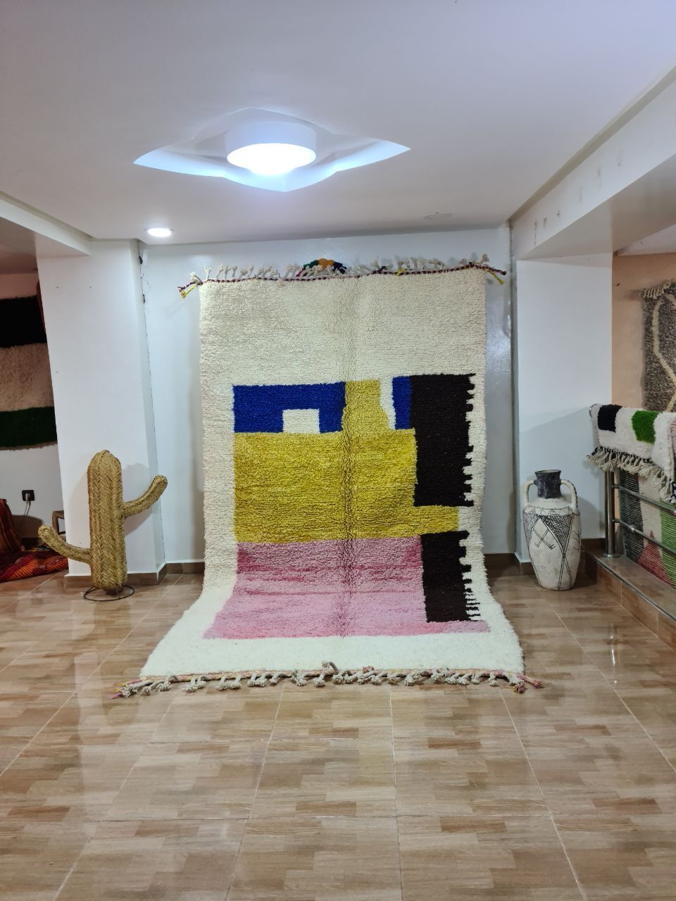 Handwoven Moroccan Berber Rug   Bold Color Block Design In Blue, Yellow, And Pink (250x150 Cm)
