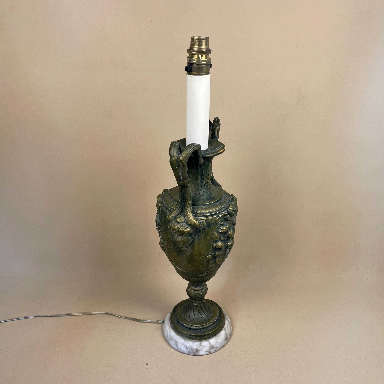 Antique Onyx Marble Brass Gold Lamp Bedside Table Desk Vintage Medium Side Light Column Ornate Detail Handles Vase White Marble Base Cherubs photo vinterior
