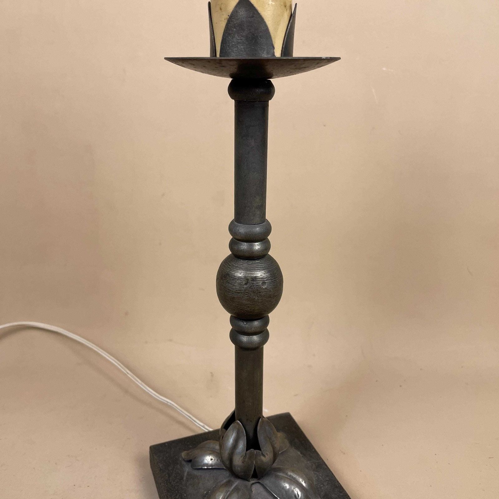 Antique Vintage Metal Silver Lamp Light Bedside Side Table Desk Ornate Detail Square Base Medium Floral Pattern Heavy Pewter Grey Candle photo Lighting