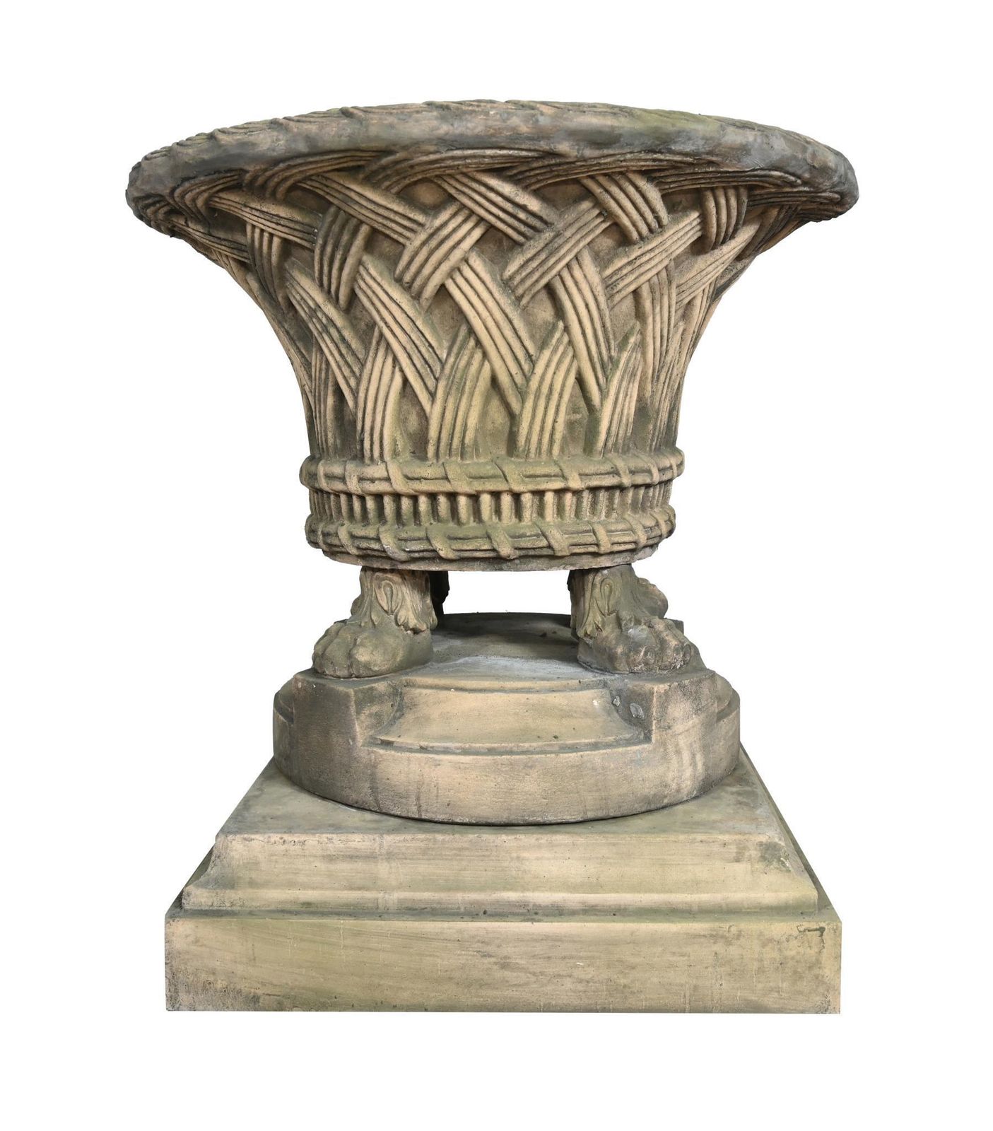 Pair English Stone Garden Planters Gothic Basket Weave Urns photo for sale