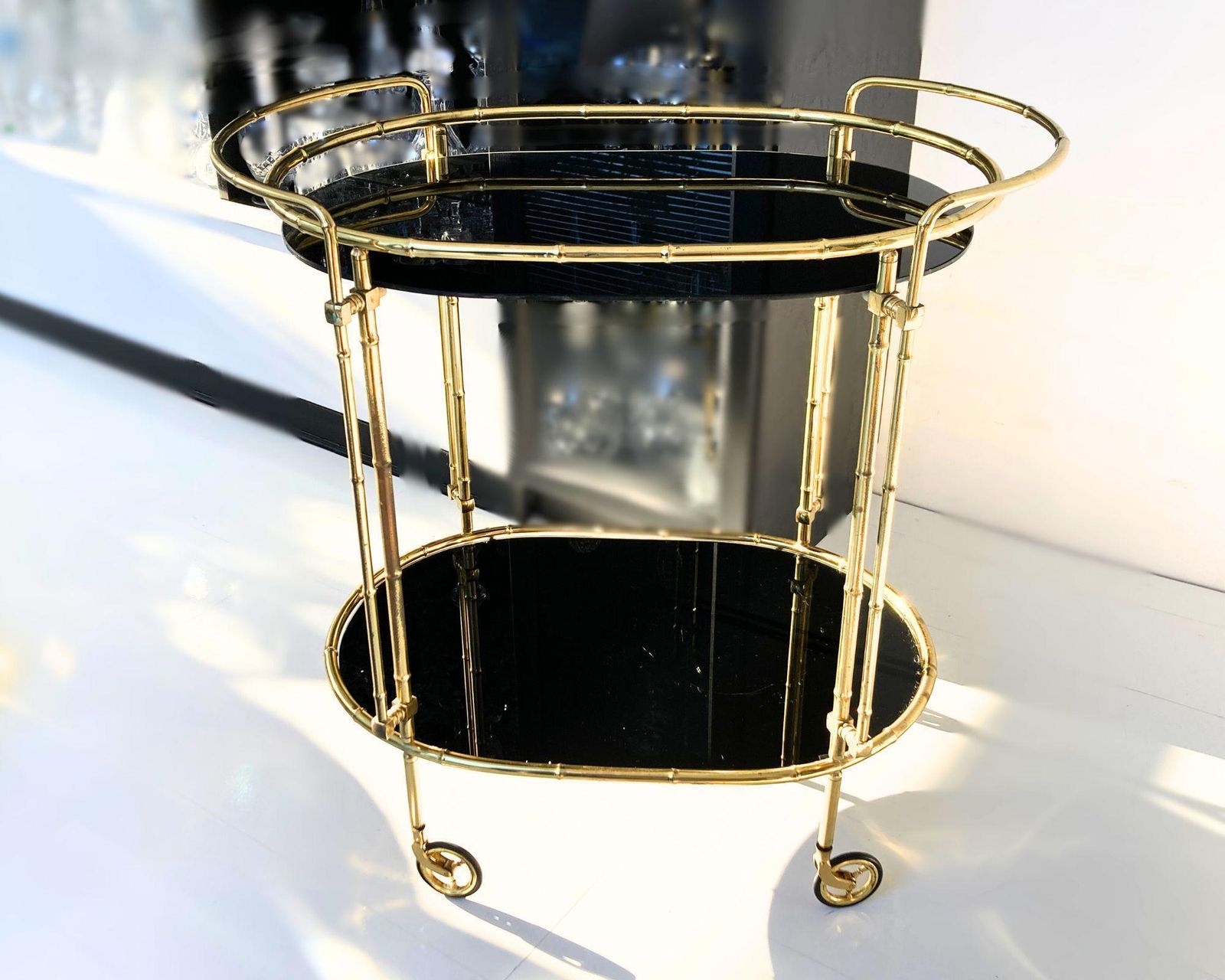 Black Gold Bar Cart | 1pc Oval Serving Trolley | Glass And Brass