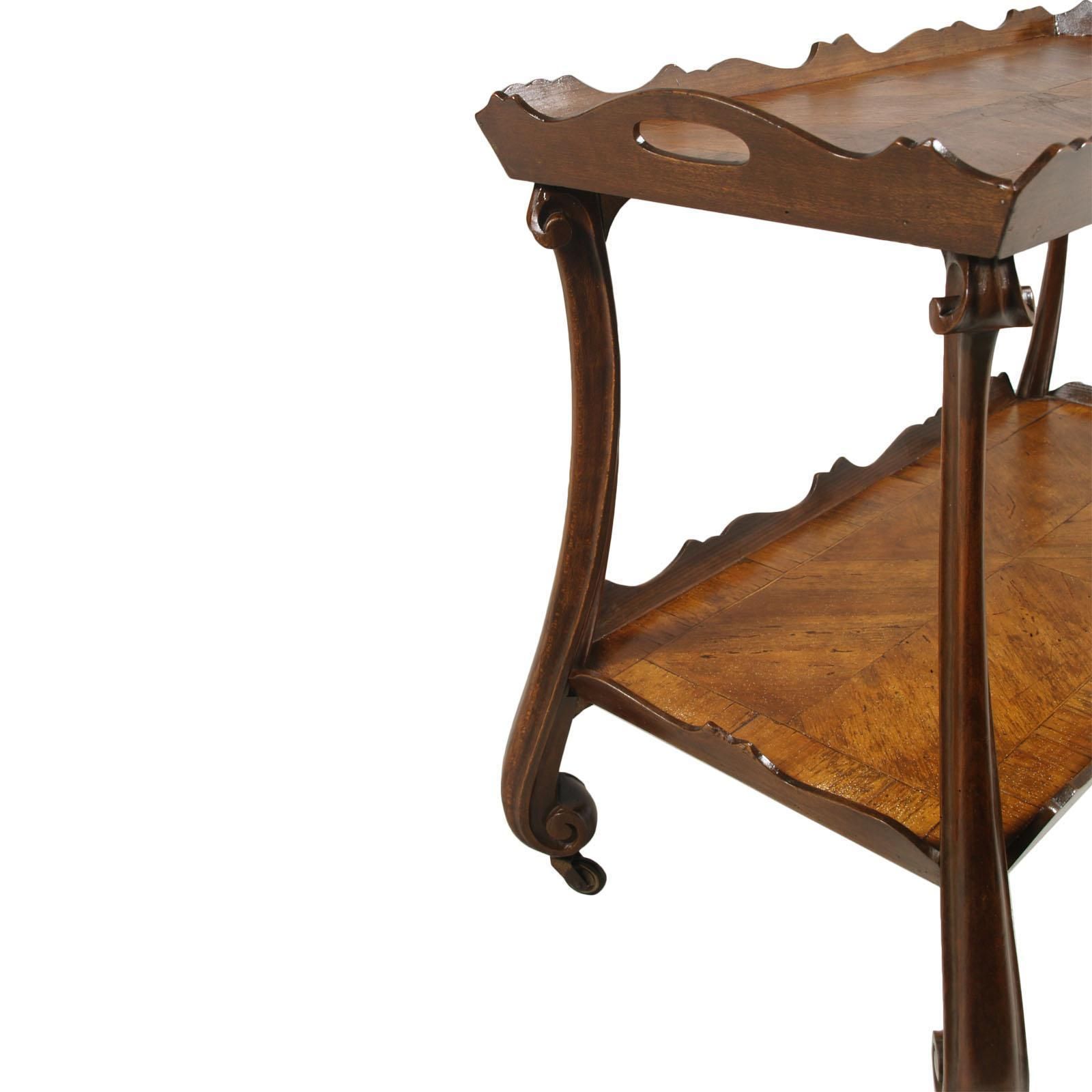 Trolley Bar Cart Baroque Revival, Hand Carved Walnut, Veneer Inlaid, Burl Walnut photo vintage