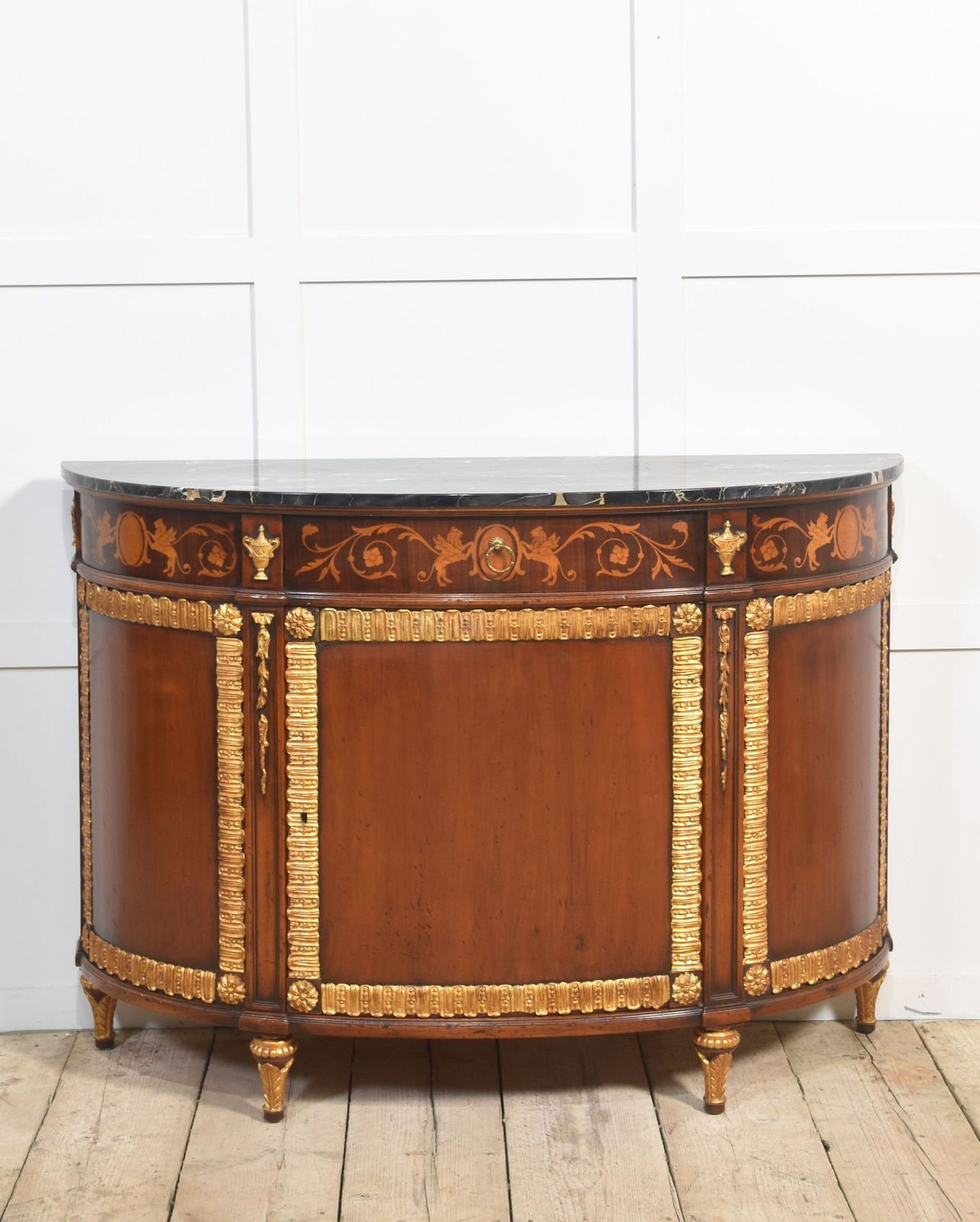 Italian Marquetry And Mahogany Parcel Gilt Bow Front Cabinet