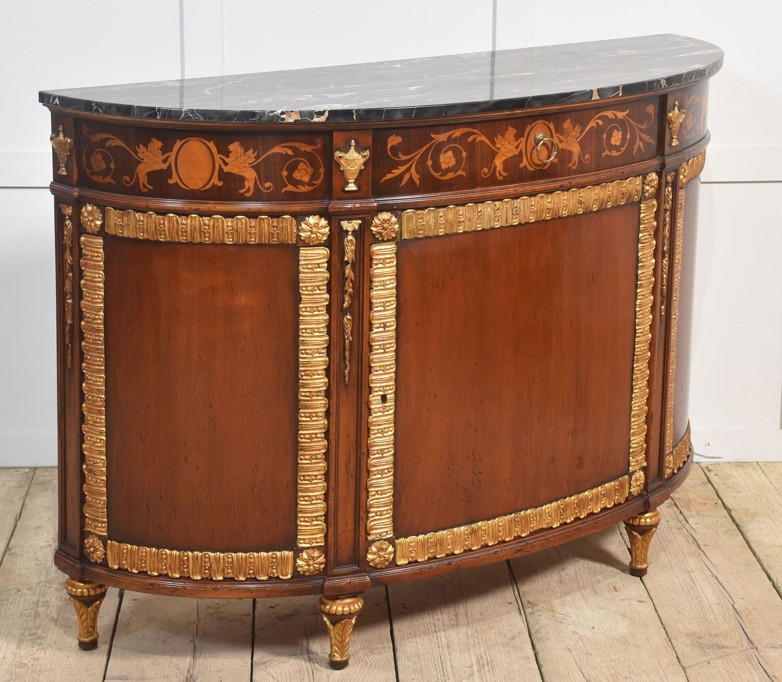 photo for sale Italian Marquetry And Mahogany Parcel Gilt Bow Front Cabinet