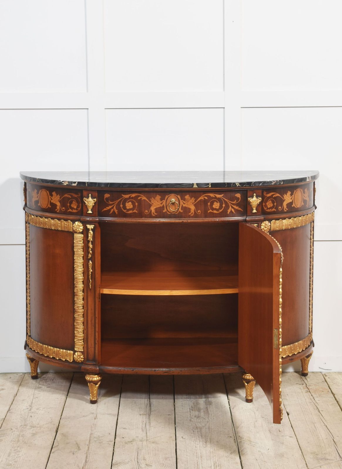Furniture Italian Marquetry And Mahogany Parcel Gilt Bow Front Cabinet photo