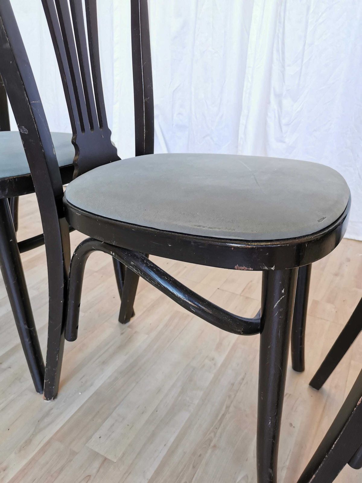 Set Of 4 Vintage Dining Chairs By Stol Kamnik Original / 1970s Yugoslavia / Mid Century Black Wooden Dine Chair With Gray Fabric Seat photo Furniture