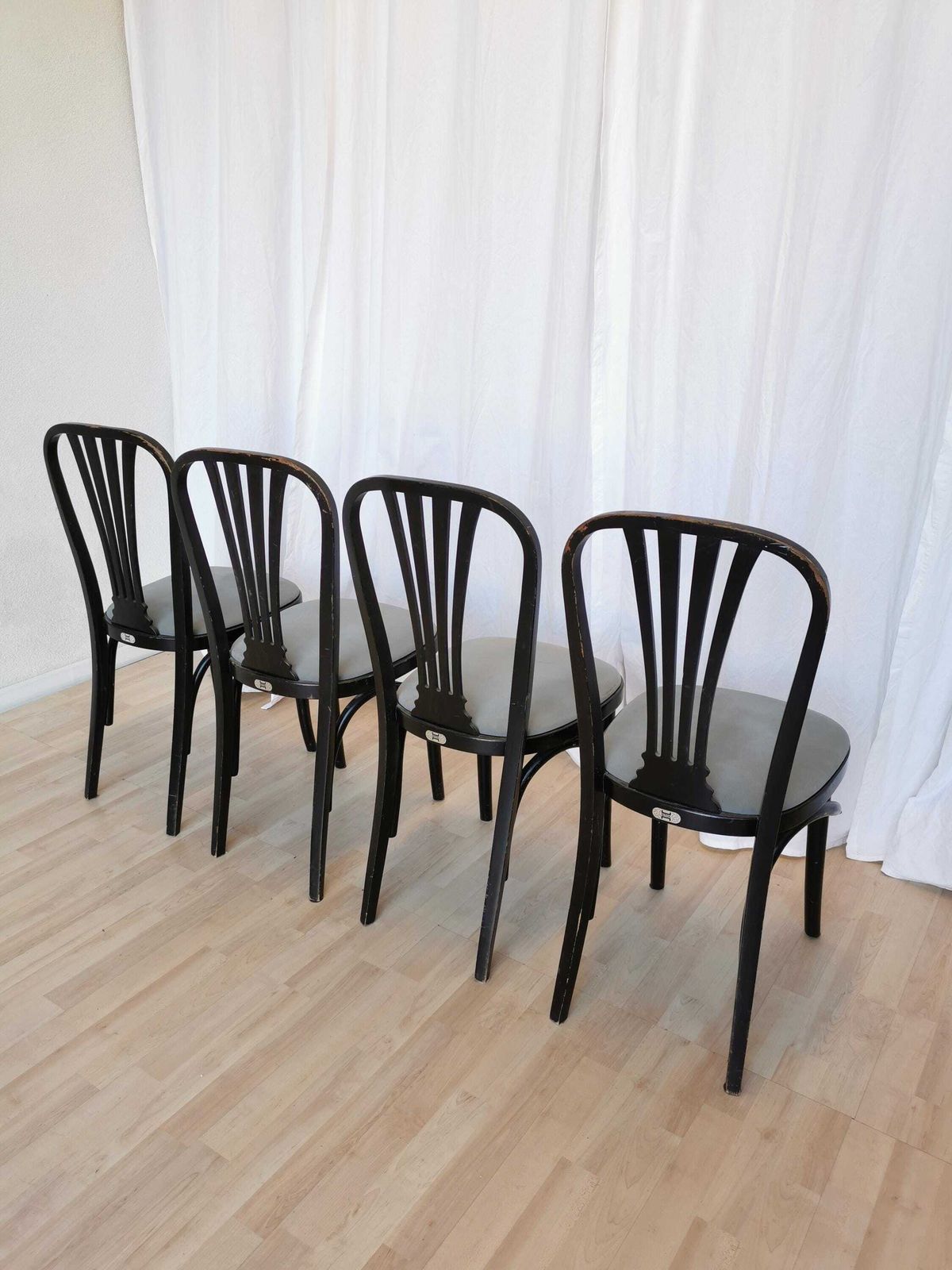 Set Of 4 Vintage Dining Chairs By Stol Kamnik Original / 1970s Yugoslavia / Mid Century Black Wooden Dine Chair With Gray Fabric Seat photo vintage