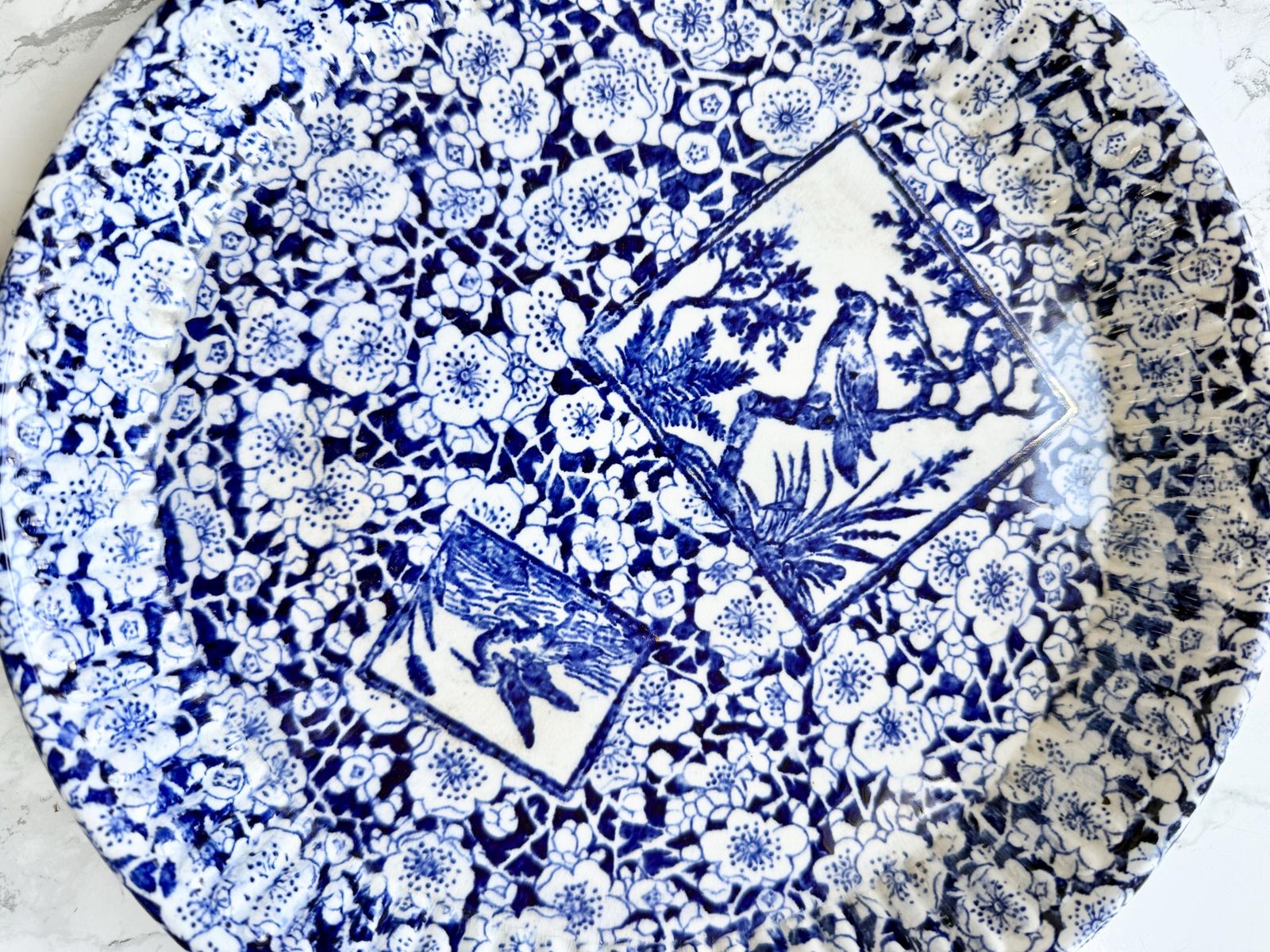 Antique Blue White Bread And Butter Dish Bird Aesthetic Movement Chintz Gilded Round Bread Dish Centrepiece Fruit Bowl Floral 1800 photo furniture