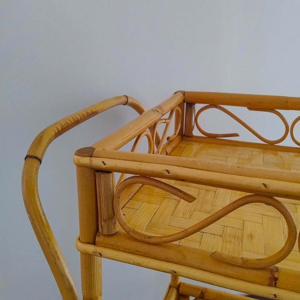 1960s Gorgeous And Elegant Serving Bar Cart In Bamboo & Rattan By Franco Albini. Made In Italy photo vintage