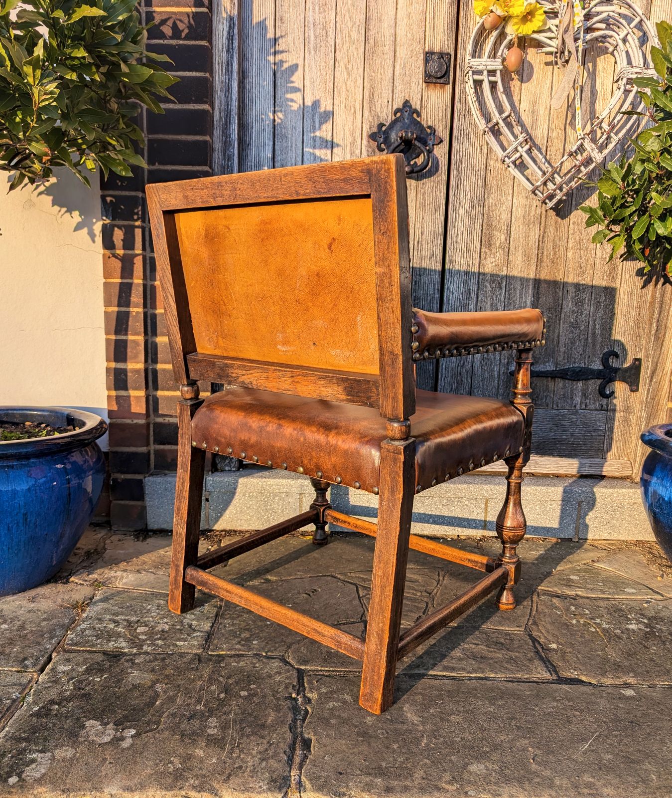 Leather & Oak Studded Antique Armchair | Spanish Mediterranean Style Captain's Chair photo Furniture