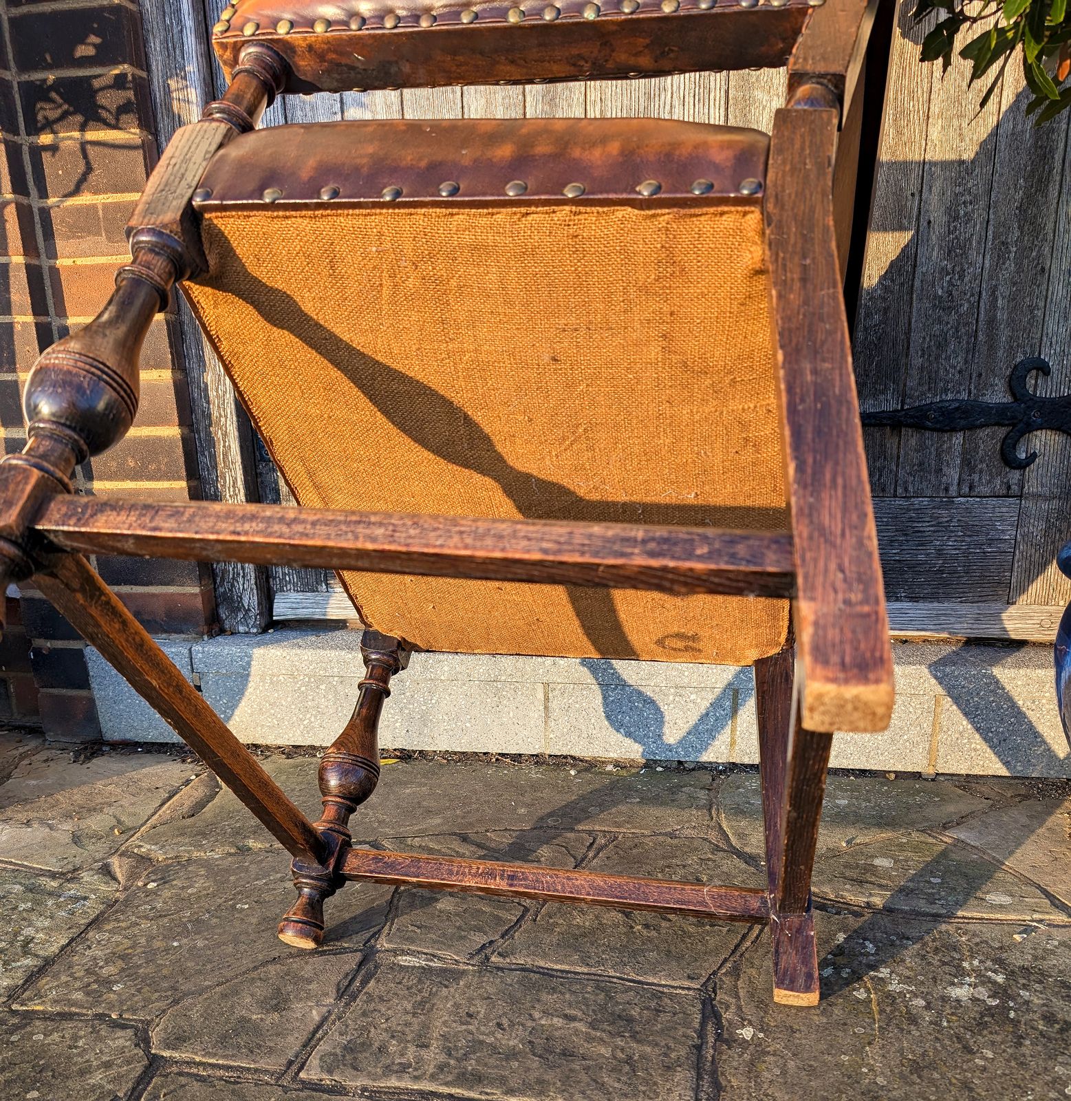 Leather & Oak Studded Antique Armchair | Spanish Mediterranean Style Captain's Chair photo vinterior