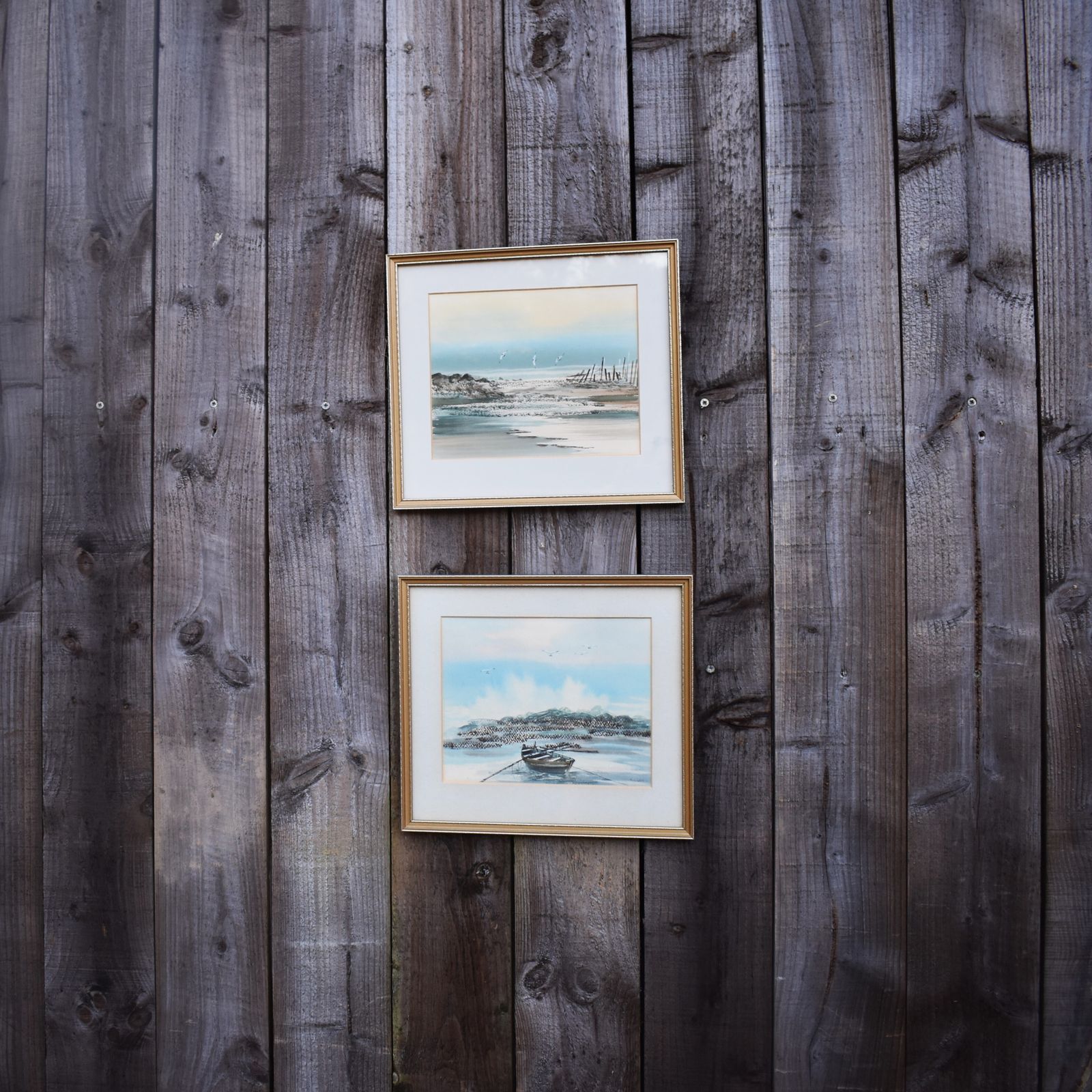 Vintage J. Marn Blue Seascape Costal Sailboat Seagulls Watercolour Signed Pair photo furniture
