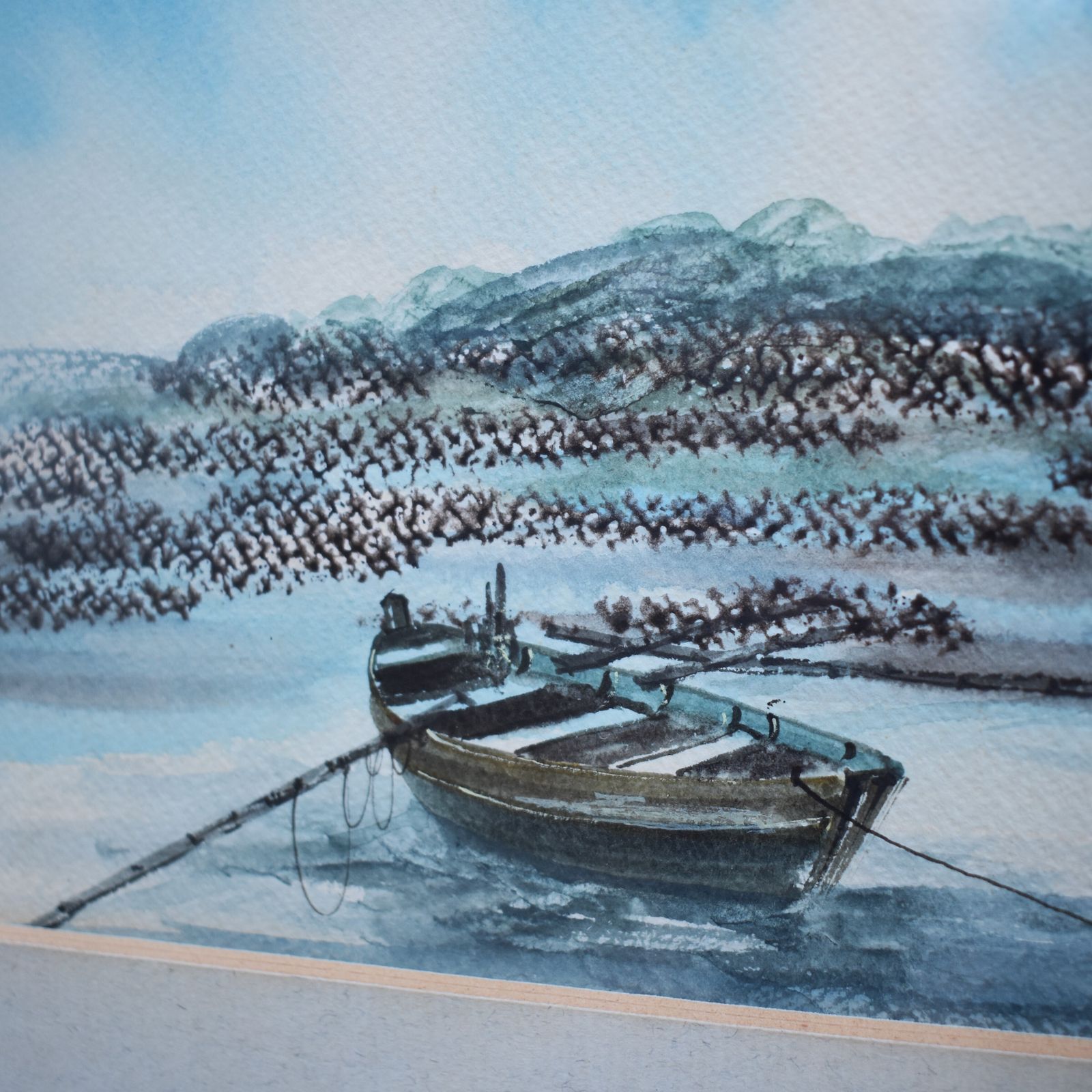 Vintage J. Marn Blue Seascape Costal Sailboat Seagulls Watercolour Signed Pair photo for sale