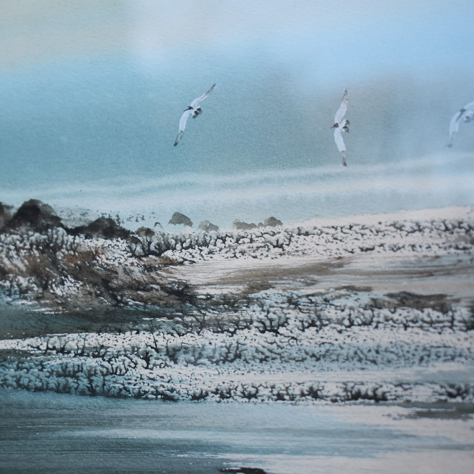 Vintage J. Marn Blue Seascape Costal Sailboat Seagulls Watercolour Signed Pair photo vinterior