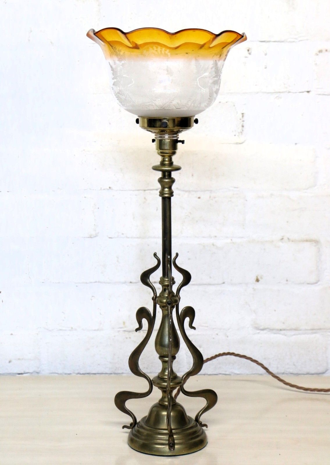 Table Lamp Art Nouveau Antique Lamp Brass With Period Shade Amber Rim And Etched