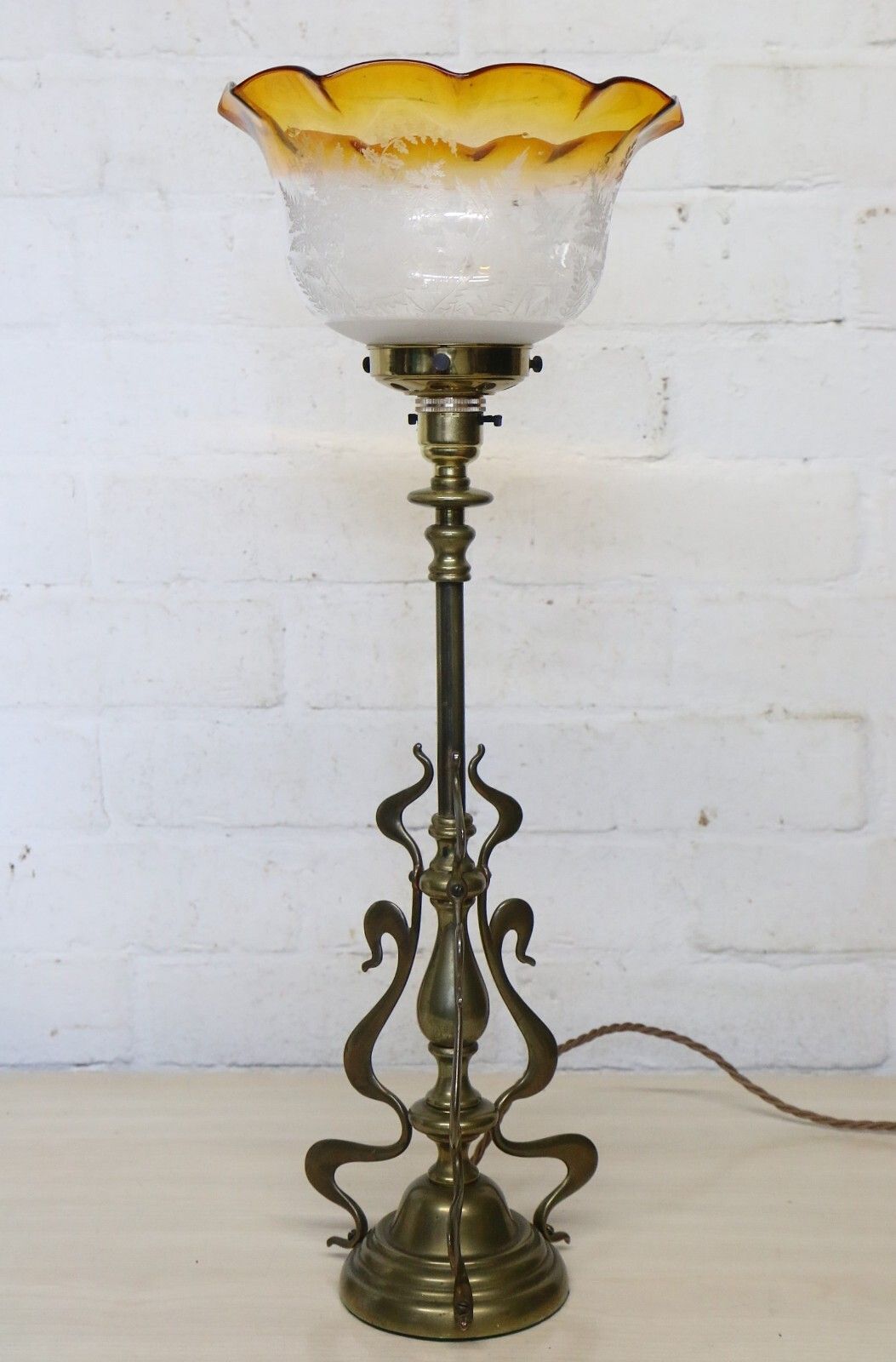 Table Lamp Art Nouveau Antique Lamp Brass With Period Shade Amber Rim And Etched photo for sale