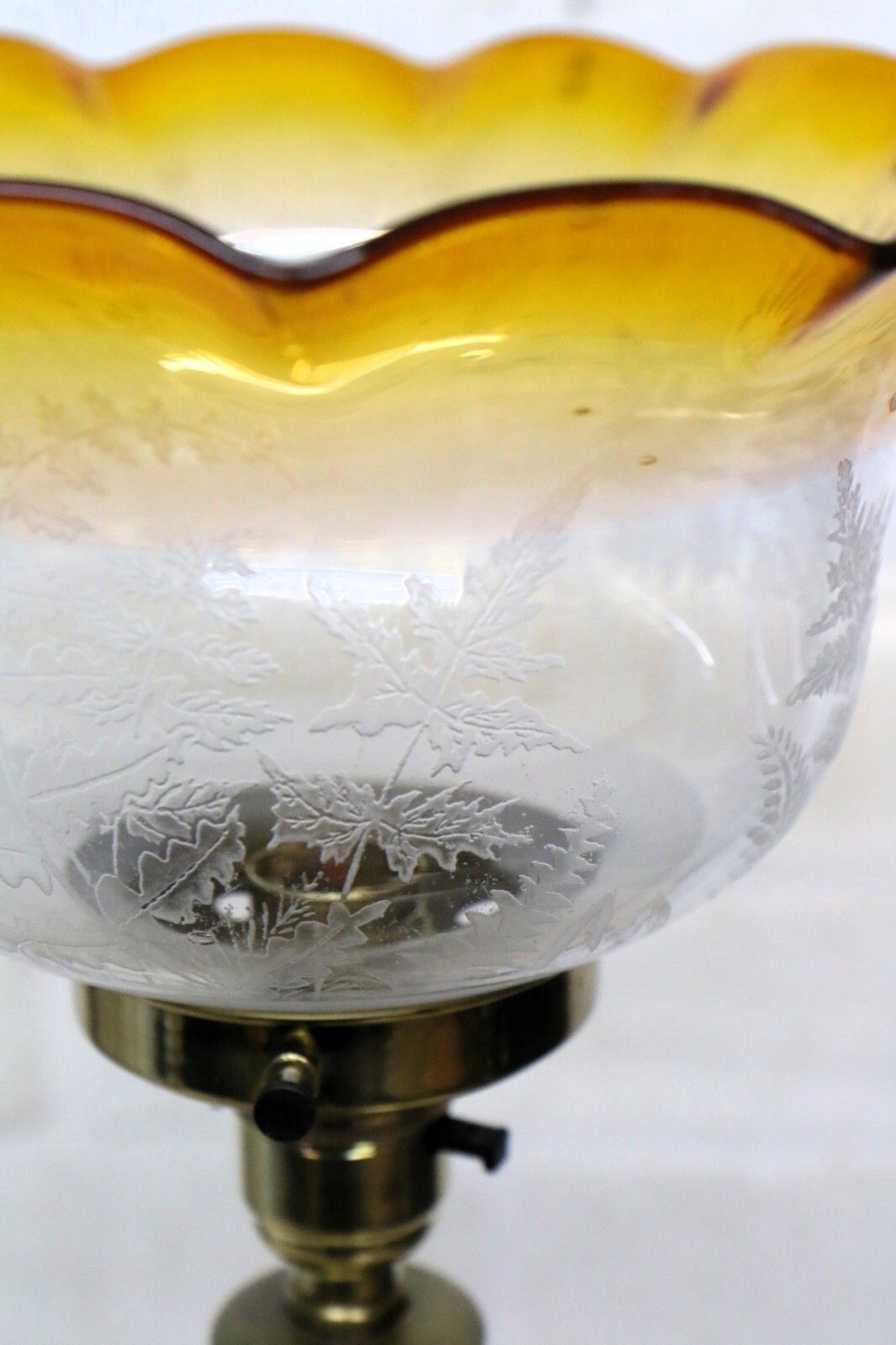 Table Lamp Art Nouveau Antique Lamp Brass With Period Shade Amber Rim And Etched photo 245.0