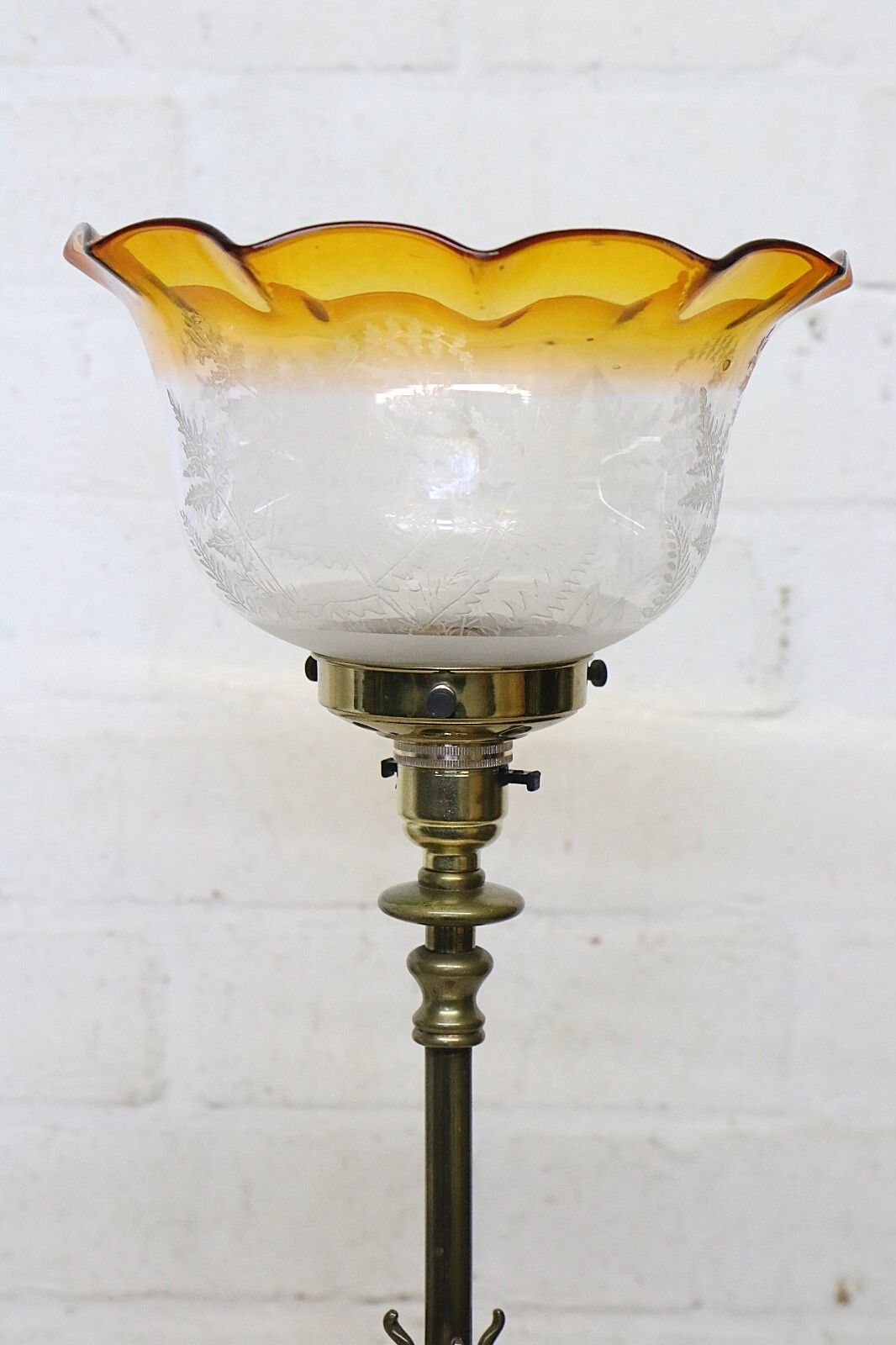 Table Lamp Art Nouveau Antique Lamp Brass With Period Shade Amber Rim And Etched photo vinterior