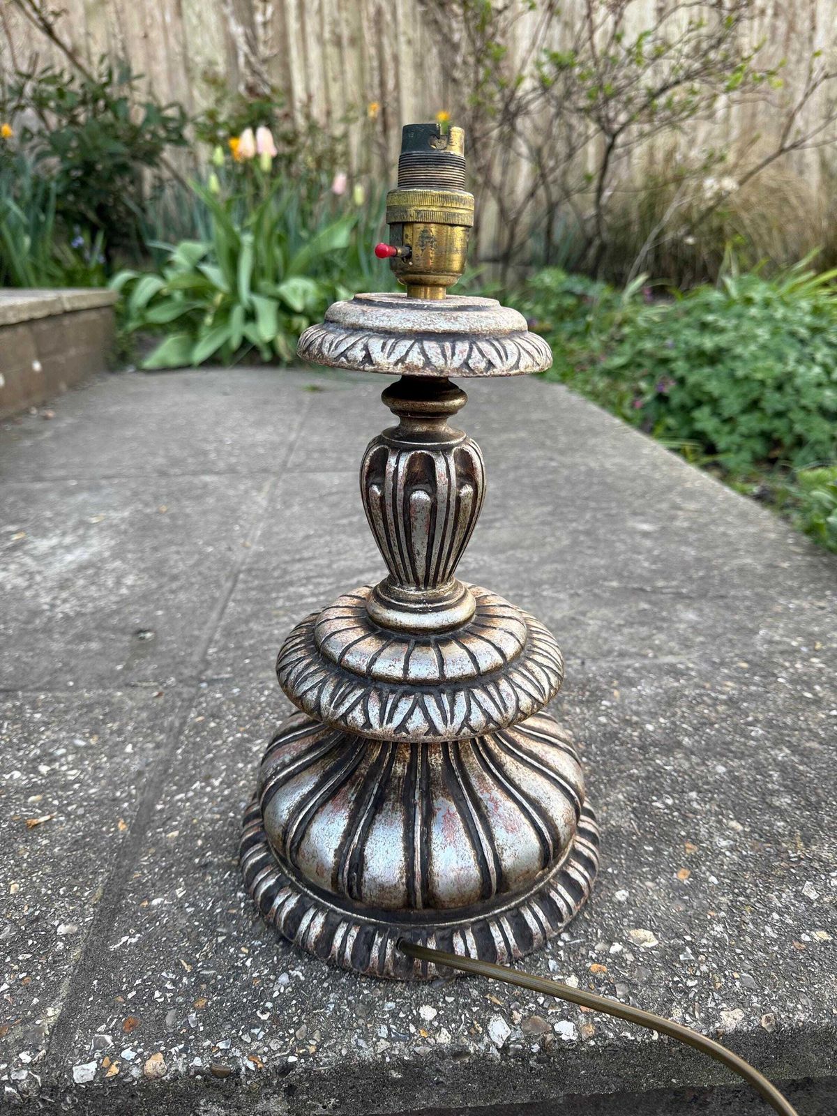 Rare Baroque Style Vintage Large Silver Table Lamp   1960s/70s Retro Wooden Painted Lamp, Neo Classical Table Lamp, Working, Tested photo vintage