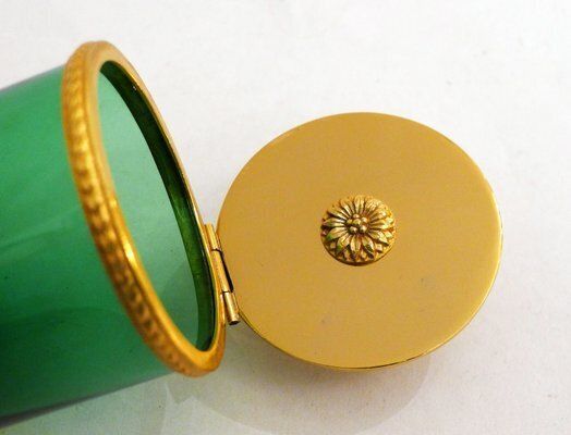 Small Toilet Pot In Green Glass & Gold Metal, Flower & Openwork Lace Decor, 1950s photo Home Decor