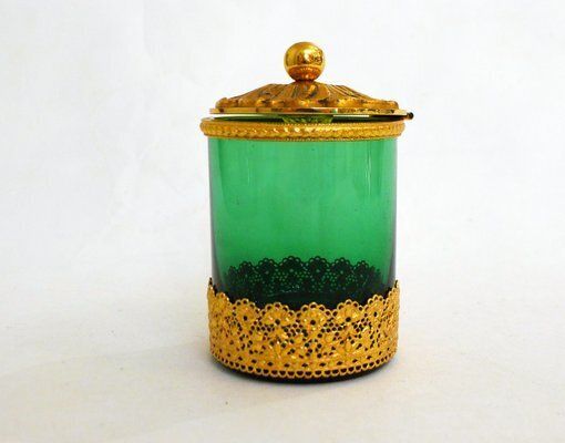 Small Toilet Pot In Green Glass & Gold Metal, Flower & Openwork Lace Decor, 1950s photo buy