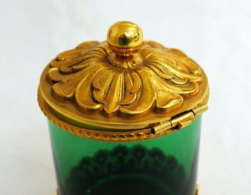photo furniture Small Toilet Pot In Green Glass & Gold Metal, Flower & Openwork Lace Decor, 1950s