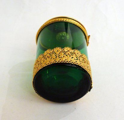 photo for sale Small Toilet Pot In Green Glass & Gold Metal, Flower & Openwork Lace Decor, 1950s