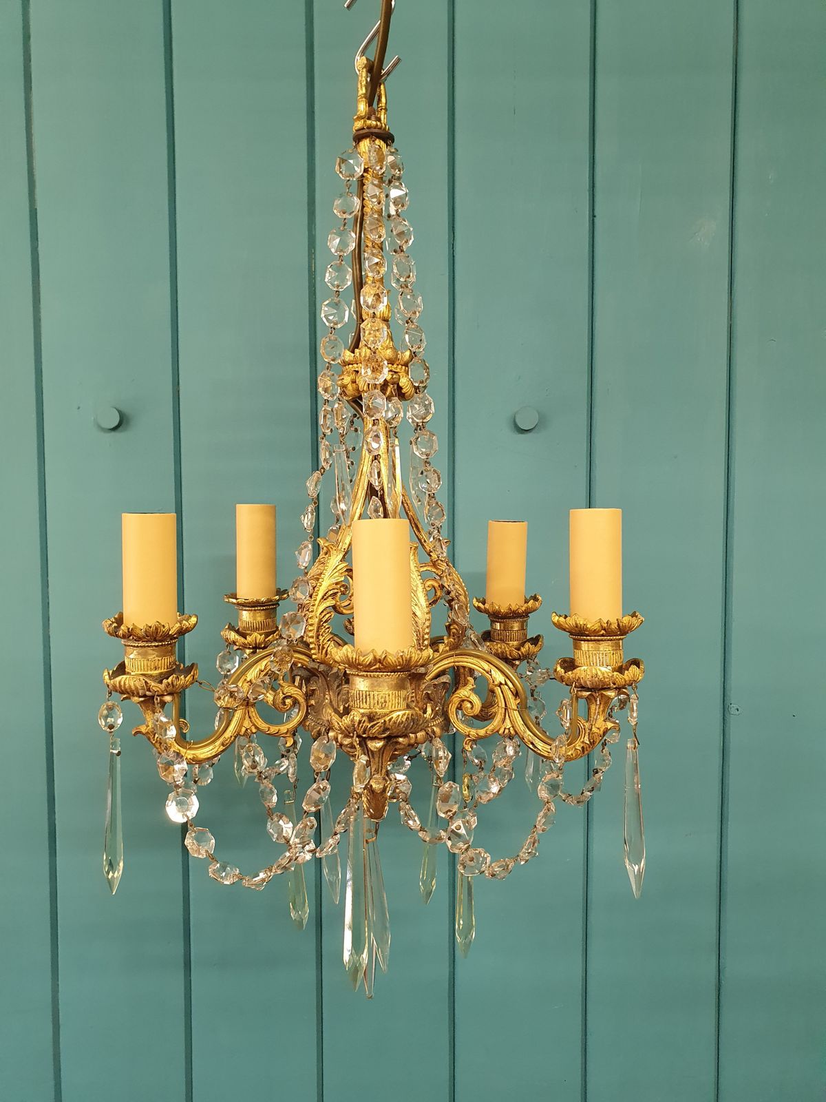 photo furniture Early 20th Century Small Five Arm Chandelier With Swag And Drips 12"