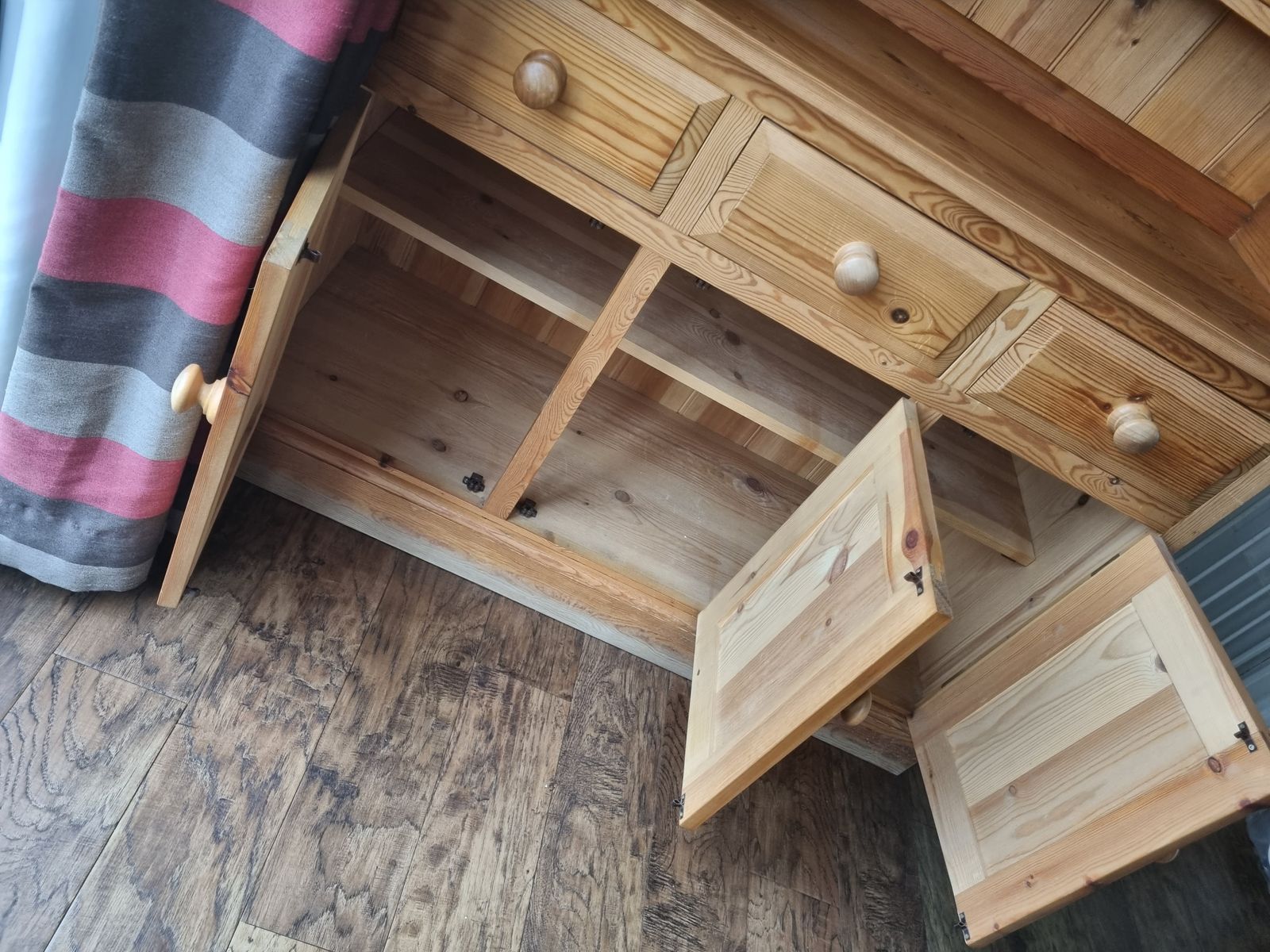 Traditional Pine Dresser, Very Well Made, Solid And In Good Condition. Comprises Of 2 Upper Shelves, 6 Draws And Large Base Cupboad For Storage. The Top Comes Off The Base For Easier Transportation. photo 225.0