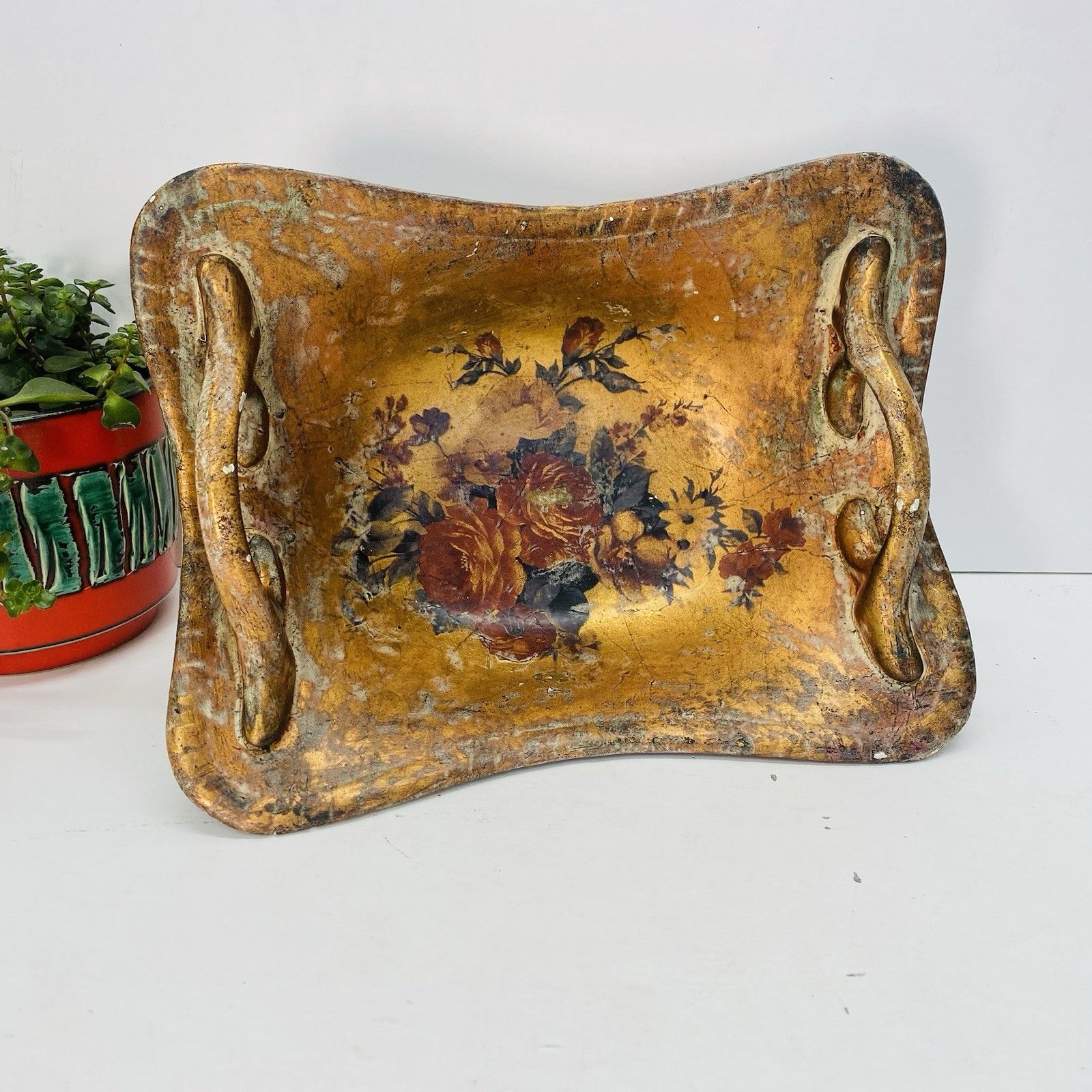 65.0 Twin Handled Antique Ceramic Floral Decorated Fruit Bowl Circa 1900 photo